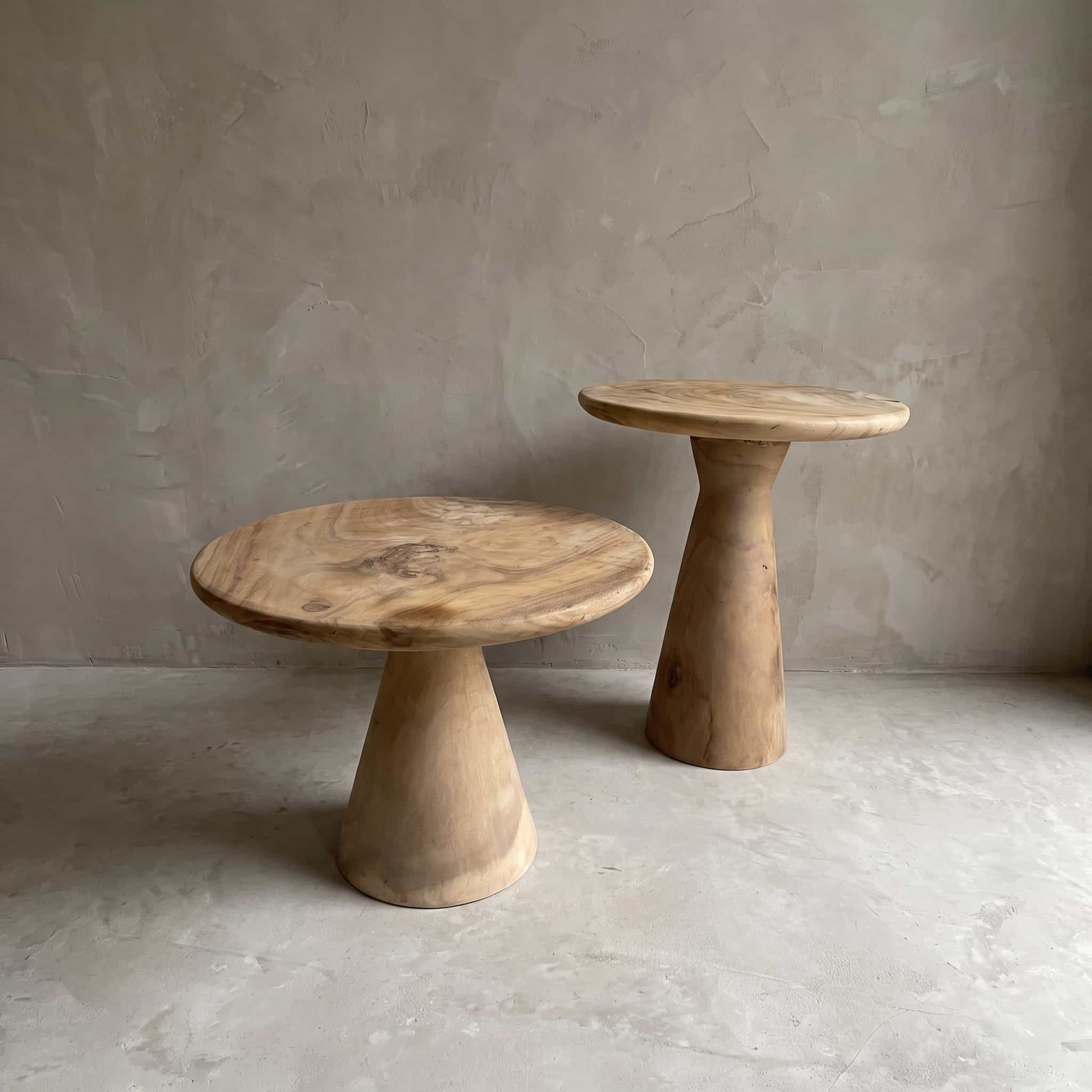 Eettafel Piala van suarhout, vooraanzicht van het ronde blad op een kegelvormige voet, met een tweede tafel ernaast