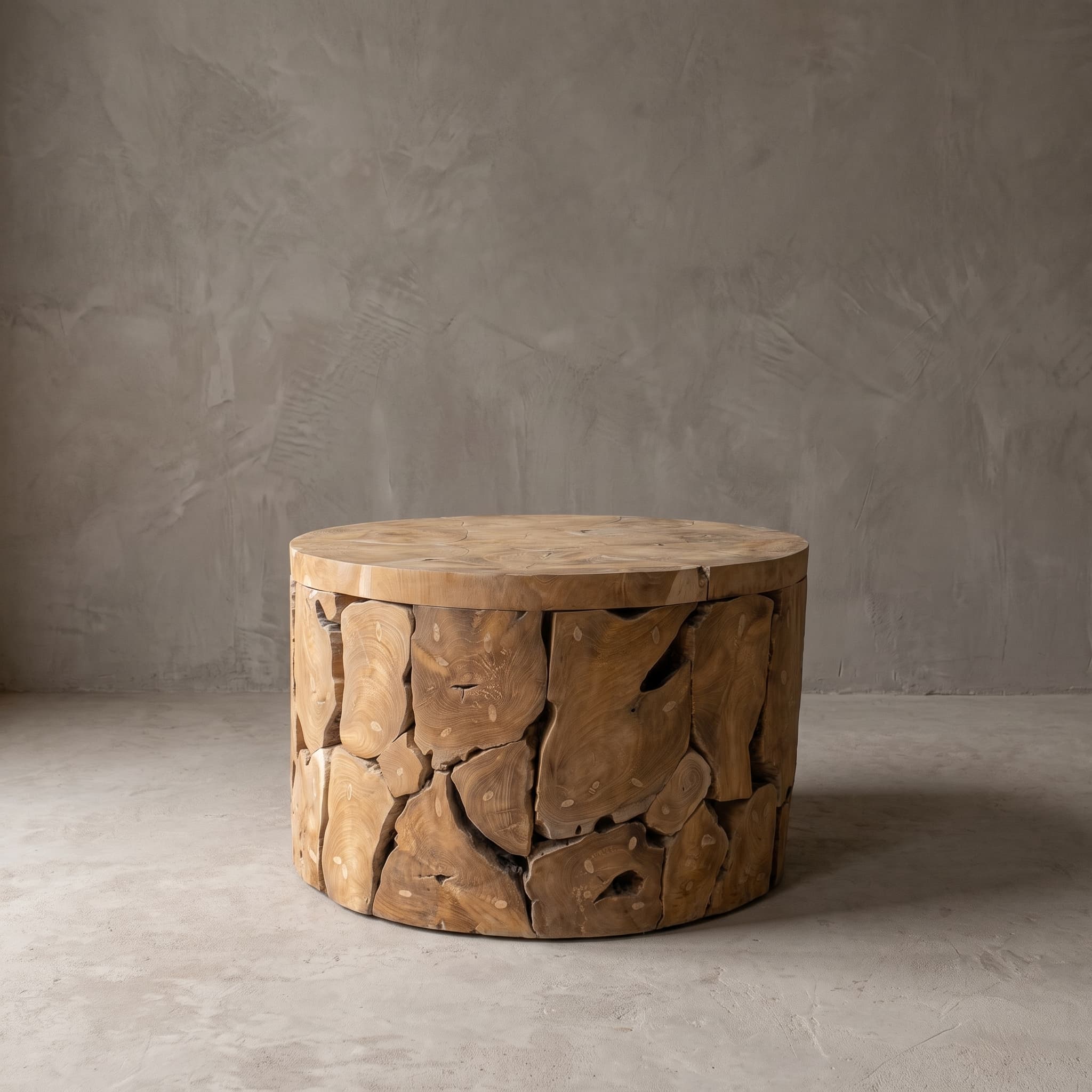 Salontafel Pandu van teak, rond, maat Ø 70 cm, vooraanzicht van de cilindervorm met staande stukken hout