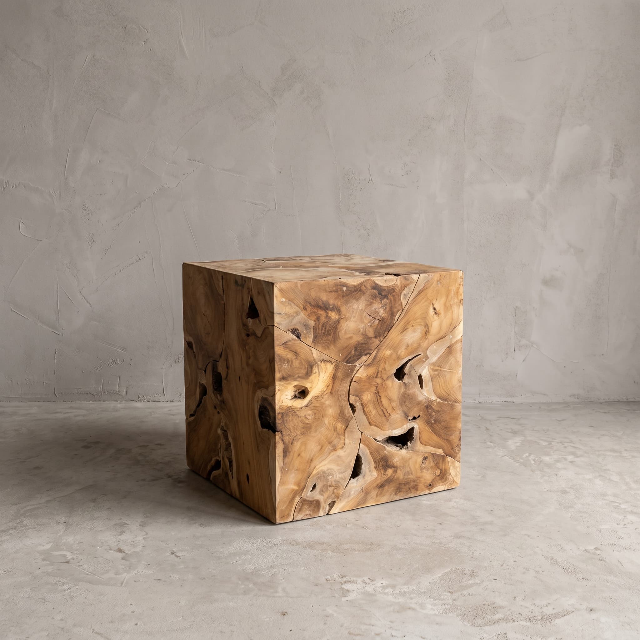 Salontafel Pandu van teak, vierkant, kubus van passend gemaakte stukken teak met donkere gaten en barsten, op een betonvloer
