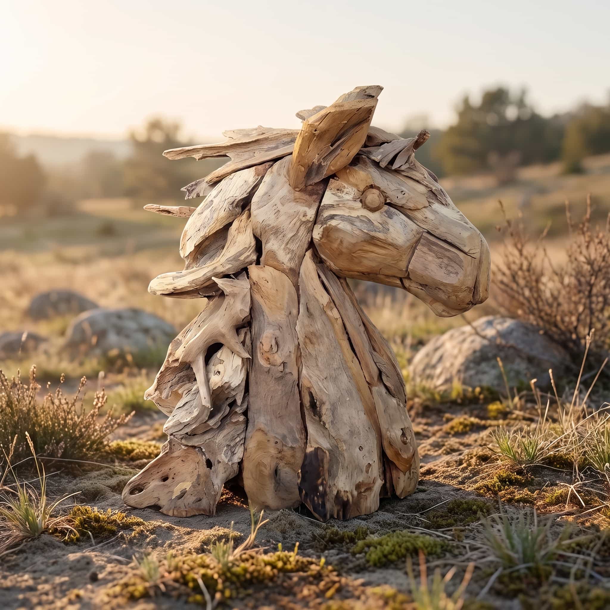 Paardenkop van gerecycled teak, zijaanzicht van de kop met manen van losse, puntige stukken en een rond oog