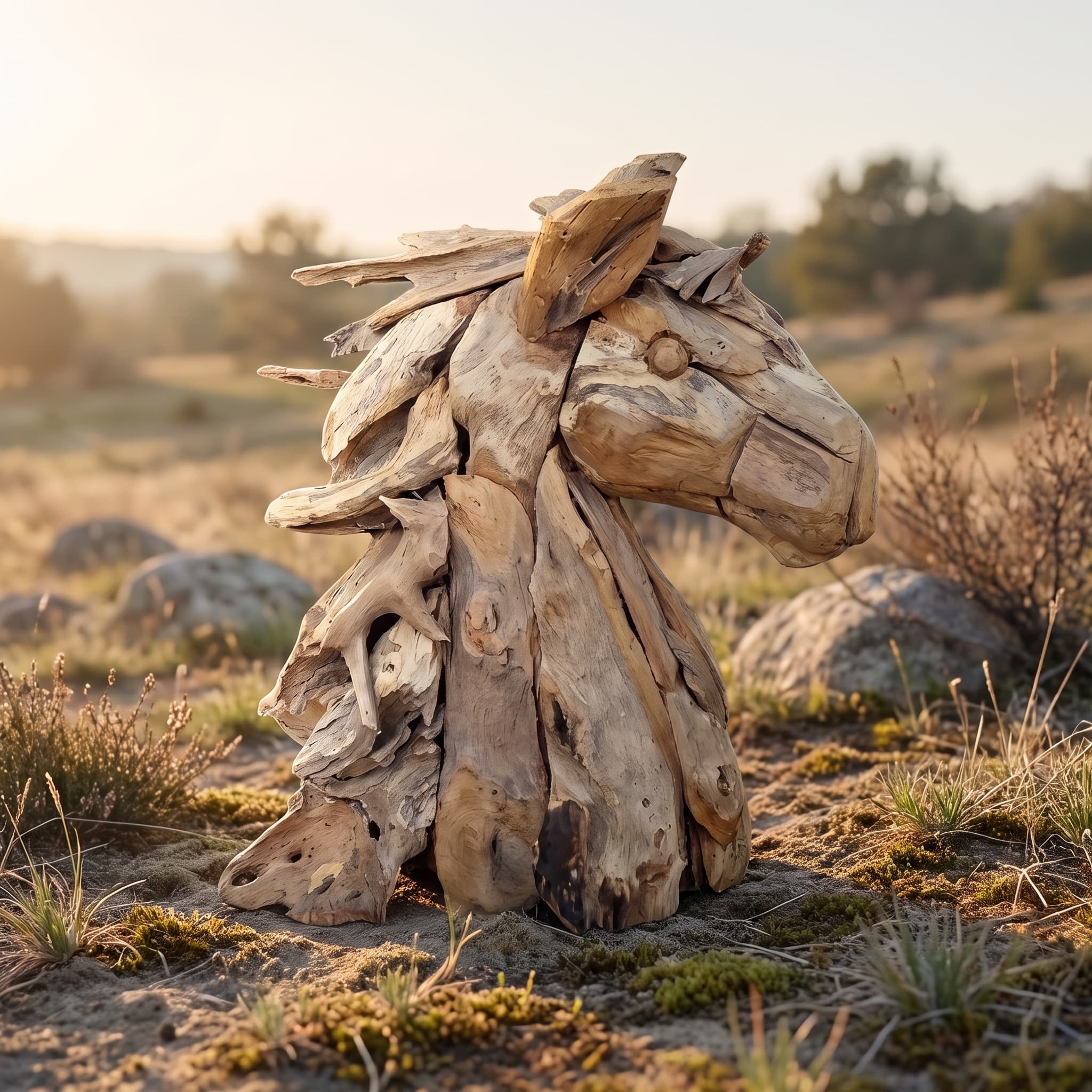 Paardenkop van gerecycled teak, zijaanzicht van de kop met manen van losse, puntige stukken en een rond oog