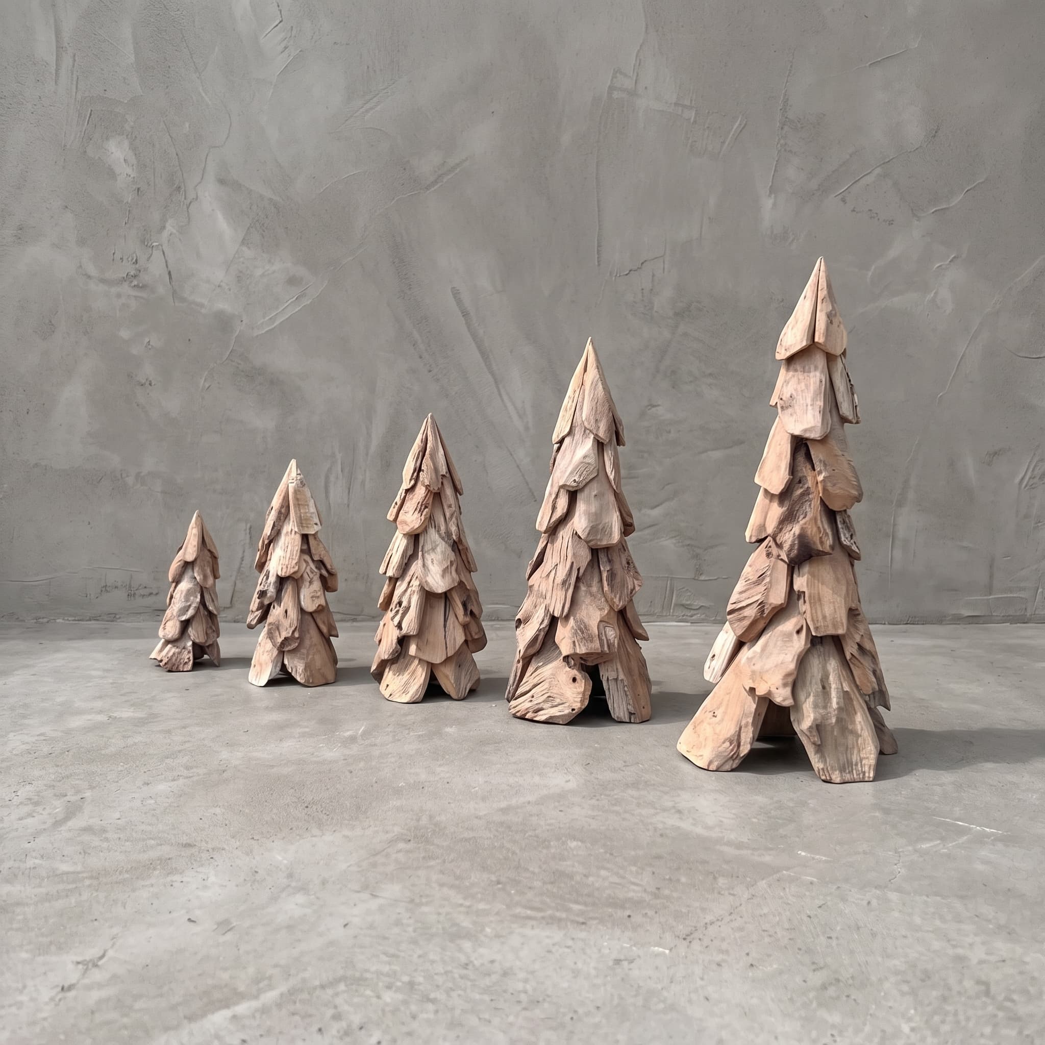 Kerstbomen van gerecycled teak zonder voet in oplopende hoogte naast elkaar, vooraanzicht voor een grijze wand
