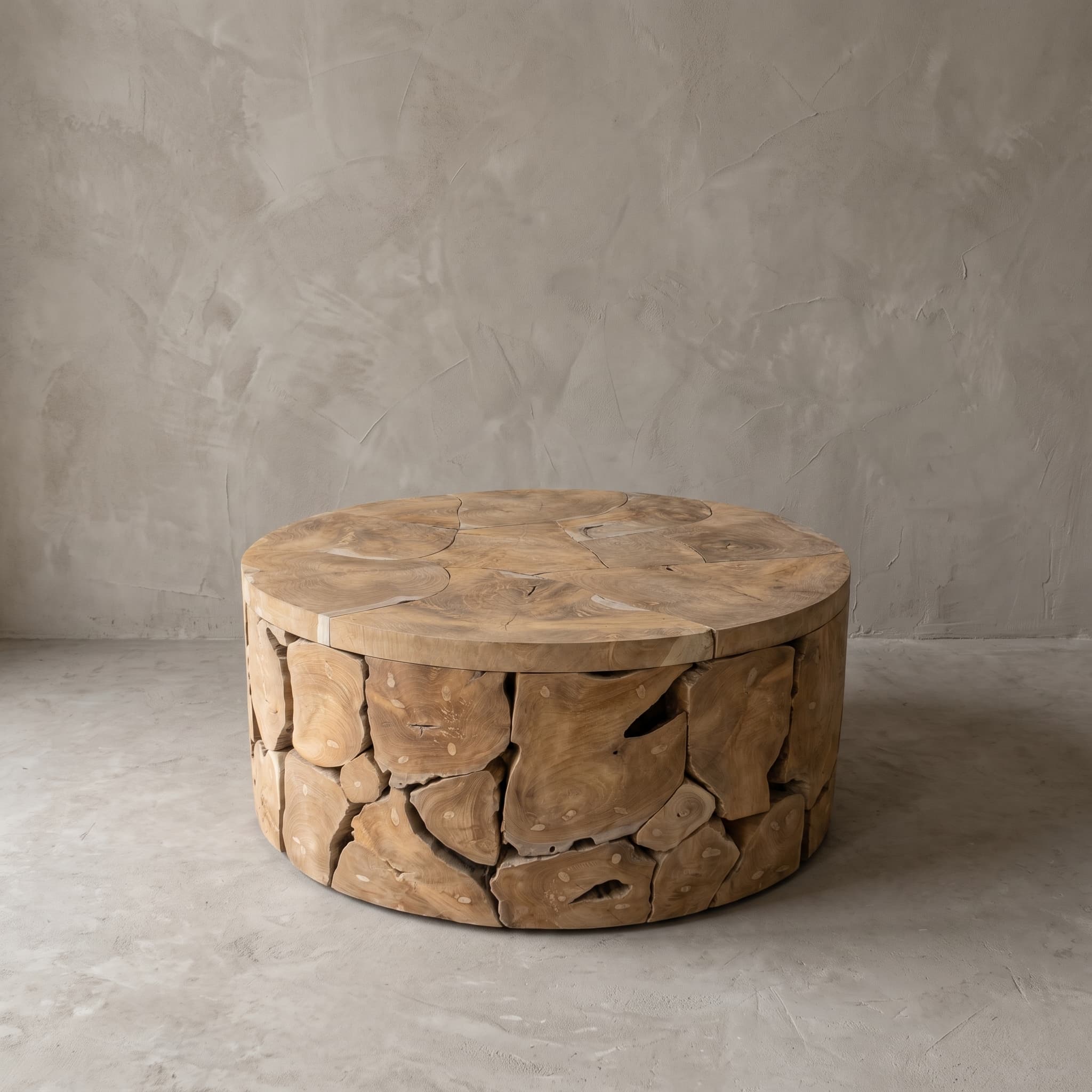 Salontafel Pandu van teak, rond, lage trommelvorm met een blad van kopshout en een onregelmatig mozaïek rondom
