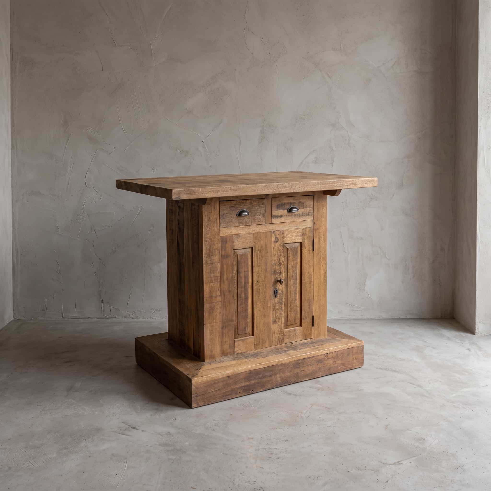 Bartafel Balok Romeo van gerecycled hardhout, schuin vooraanzicht met twee lades boven twee deuren op een brede plint