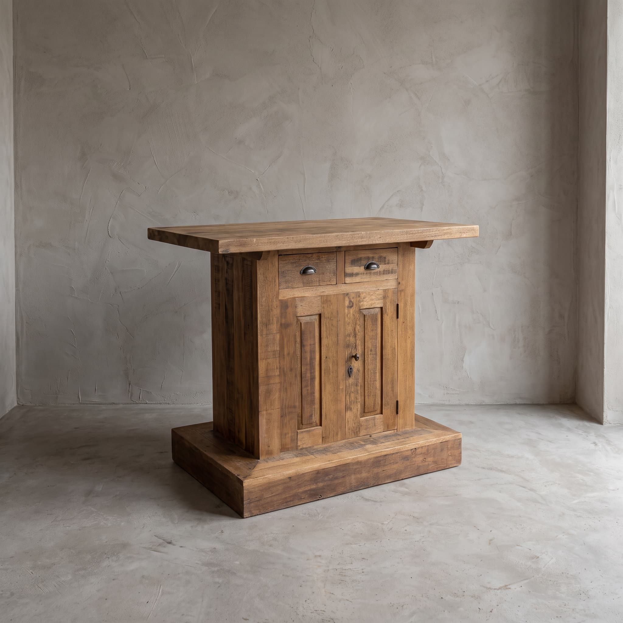 Bartafel Balok Romeo van gerecycled hardhout, schuin vooraanzicht met twee lades boven twee deuren op een brede plint