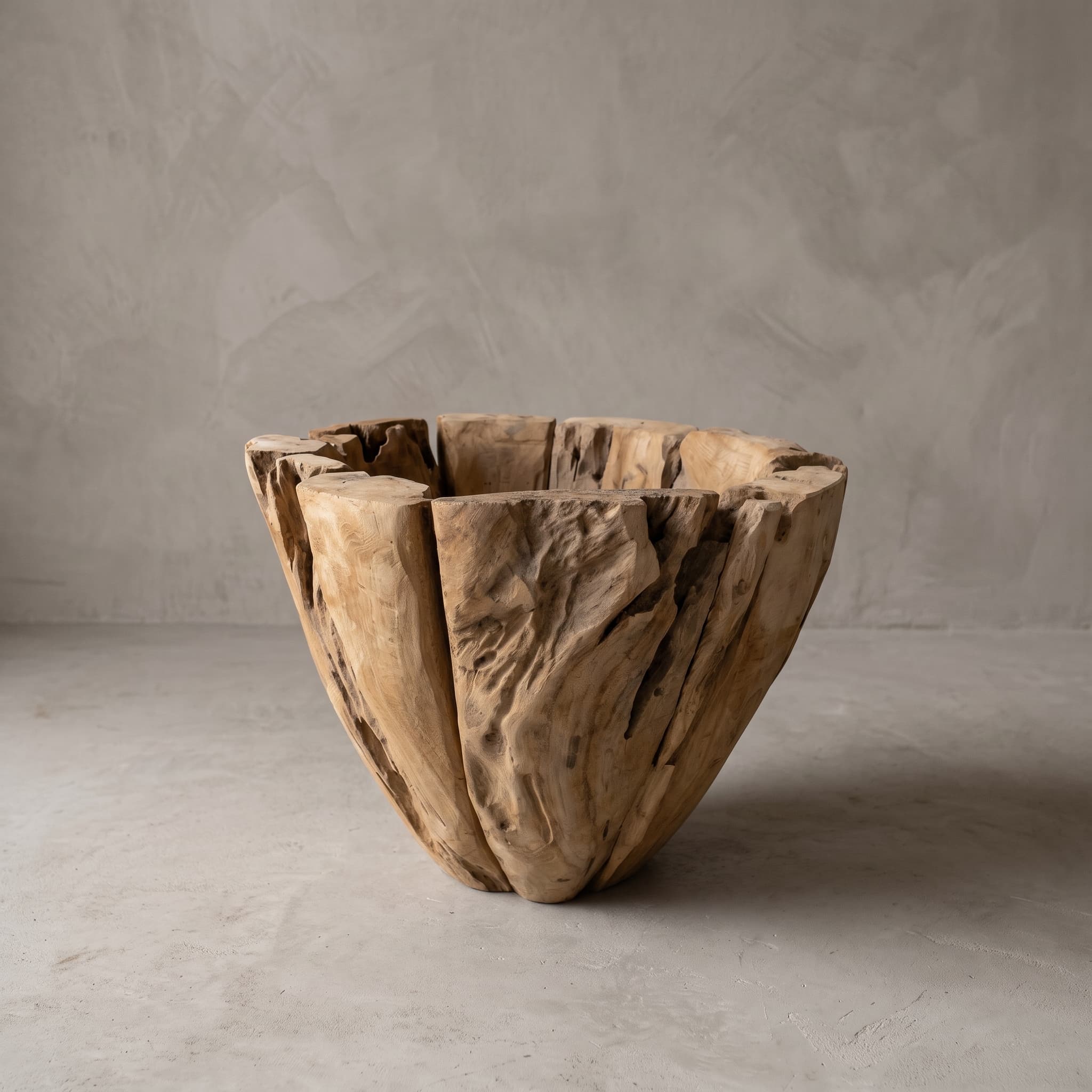 Pot Jono van gerecycled teak, vooraanzicht van de naar boven wijder wordende pot met grillige rand