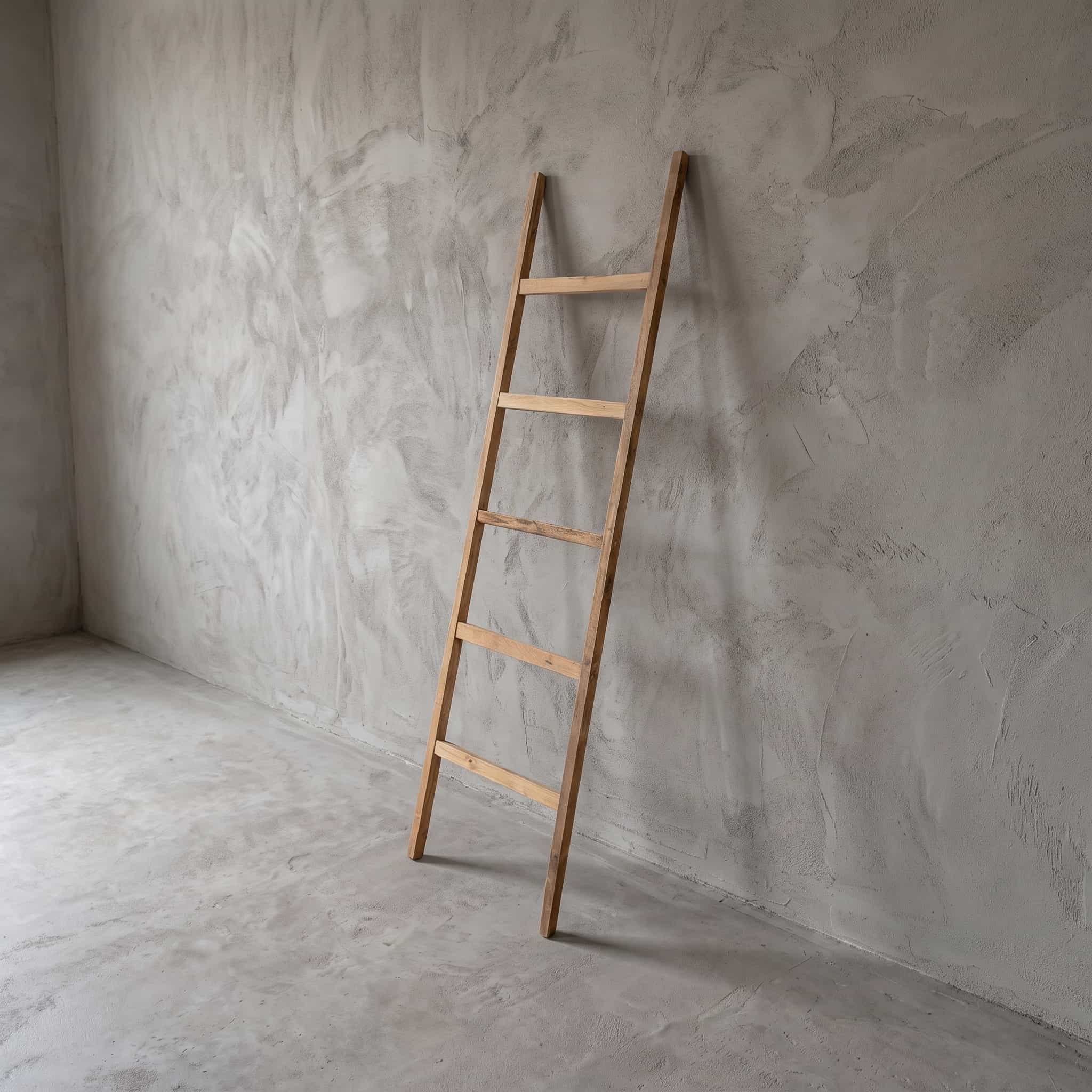 Decoratieladder van gerecycled teak, vooraanzicht van de ladder met vijf sporten schuin tegen een grijze wand