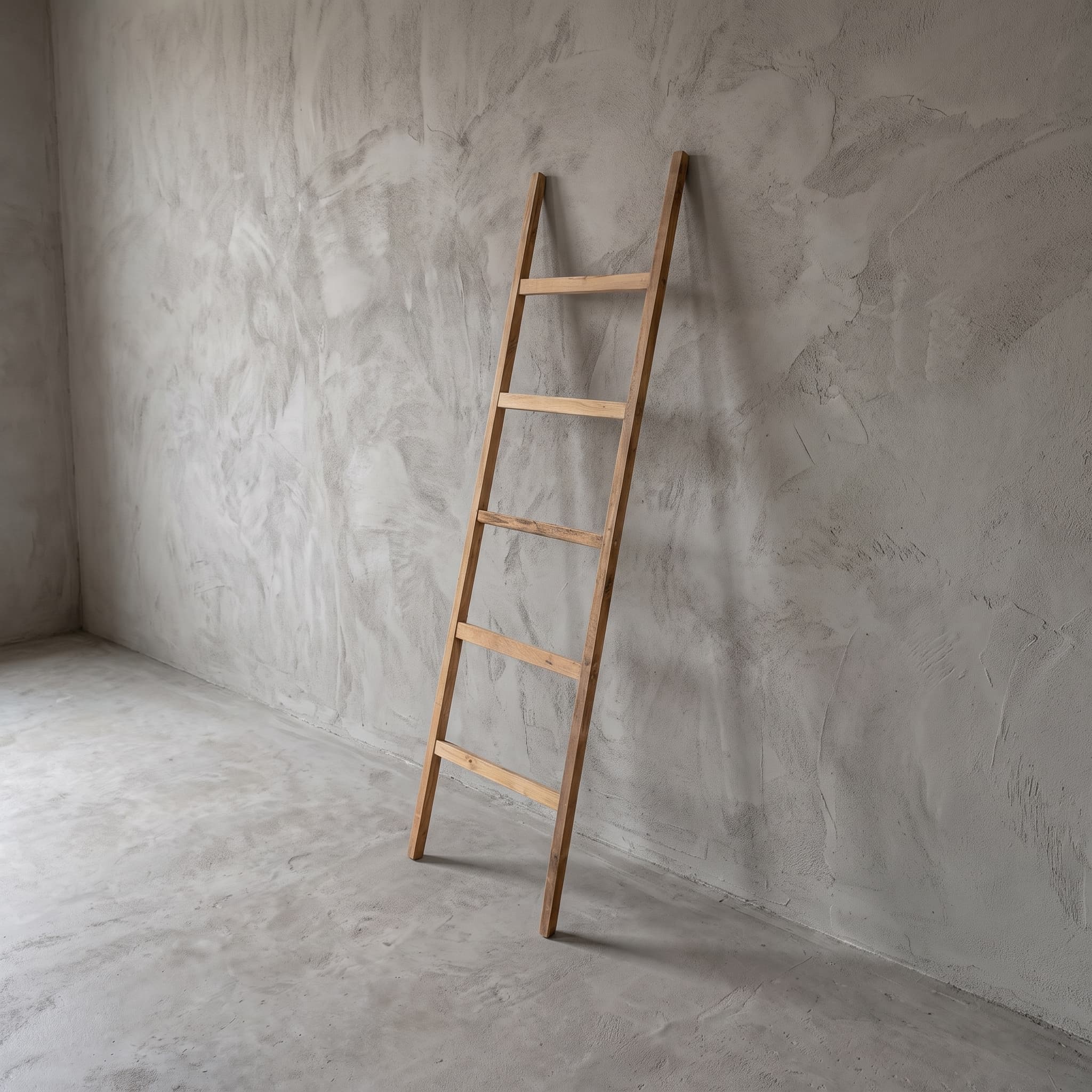 Dekoleiter aus recyceltem Teak, Vorderansicht der Leiter mit fünf Sprossen schräg an einer grauen Wand
