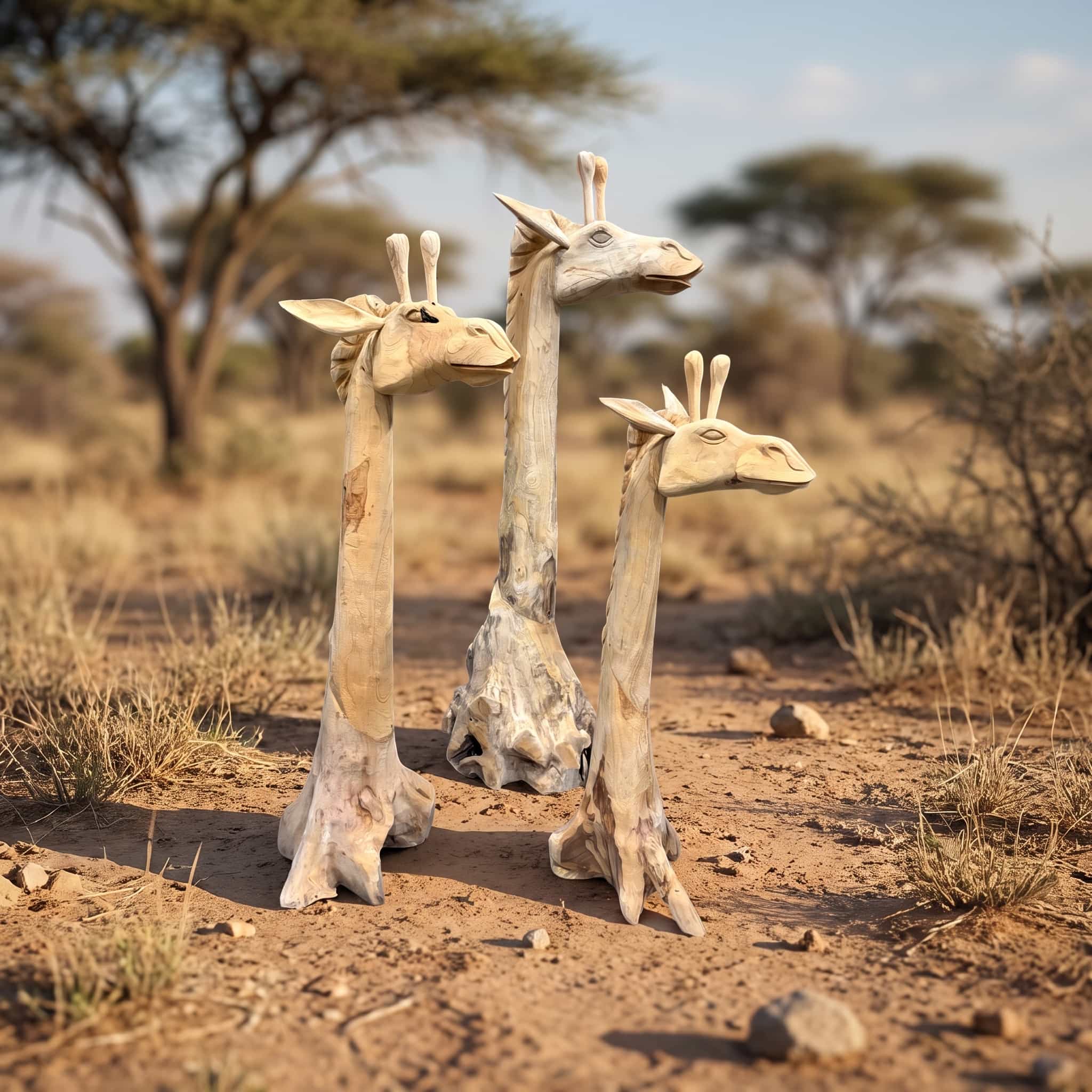 Giraf van gerecycled teak, giraffen uit de serie naast elkaar, met lange halzen op uitlopende voeten