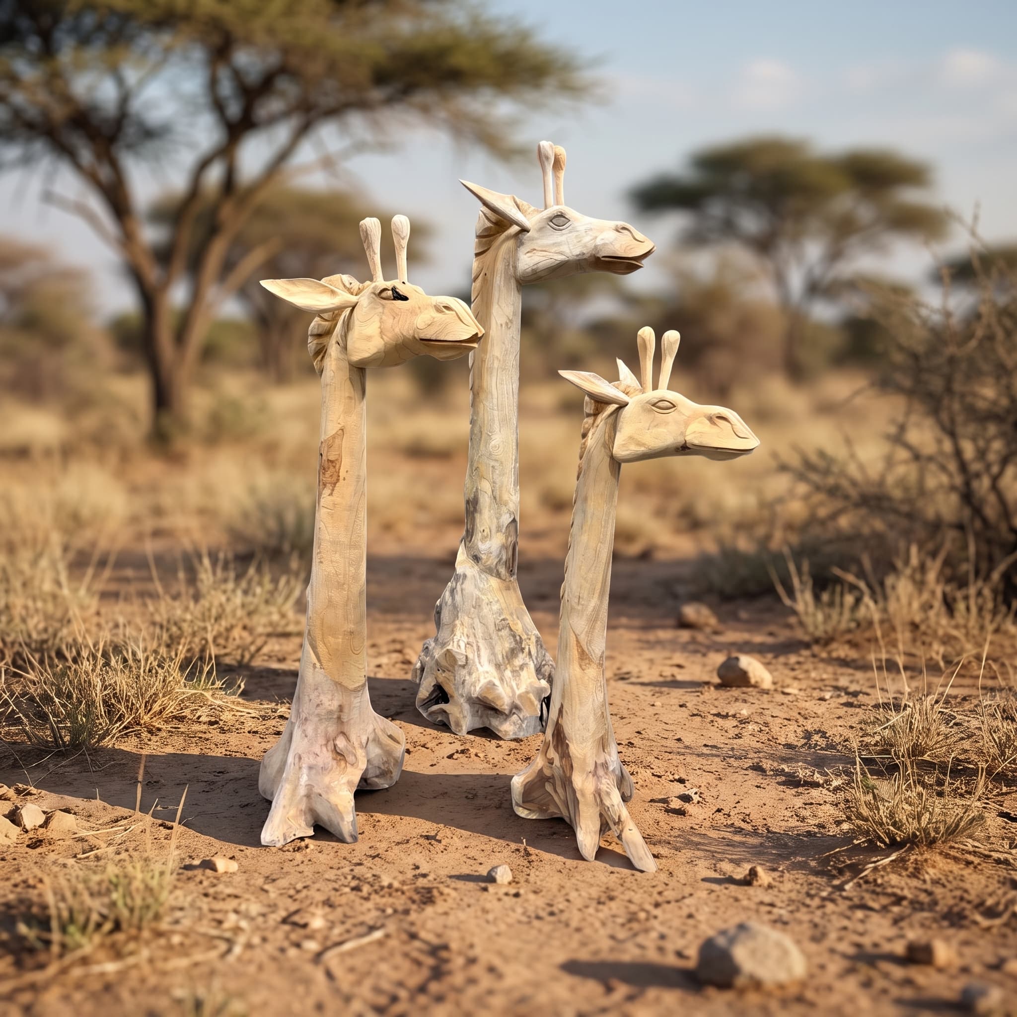 Giraf van gerecycled teak, giraffen uit de serie naast elkaar, met lange halzen op uitlopende voeten
