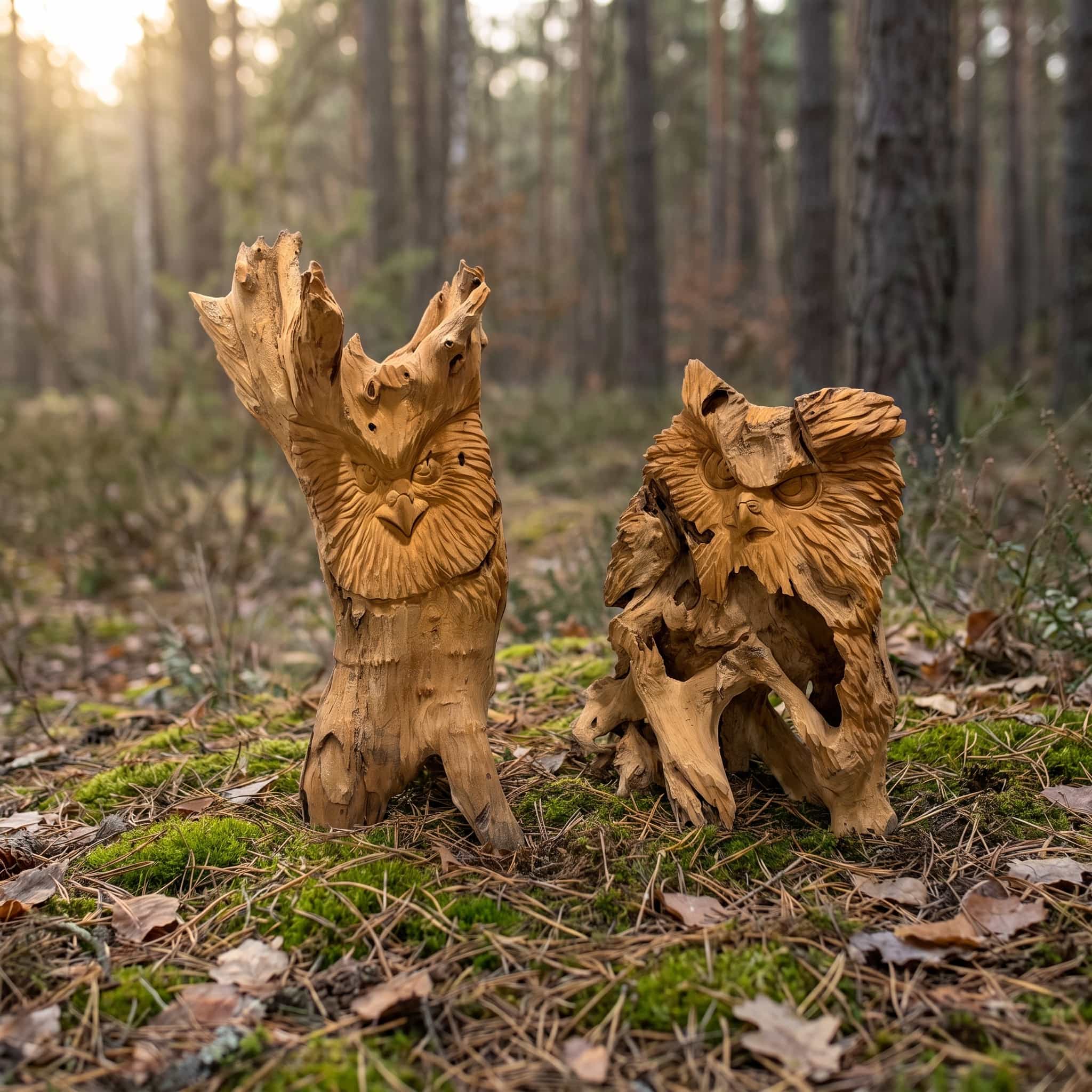 Uil van gerecycled teak, vooraanzicht van een uil met gesneden kop in grillig hout, met een tweede uil ernaast