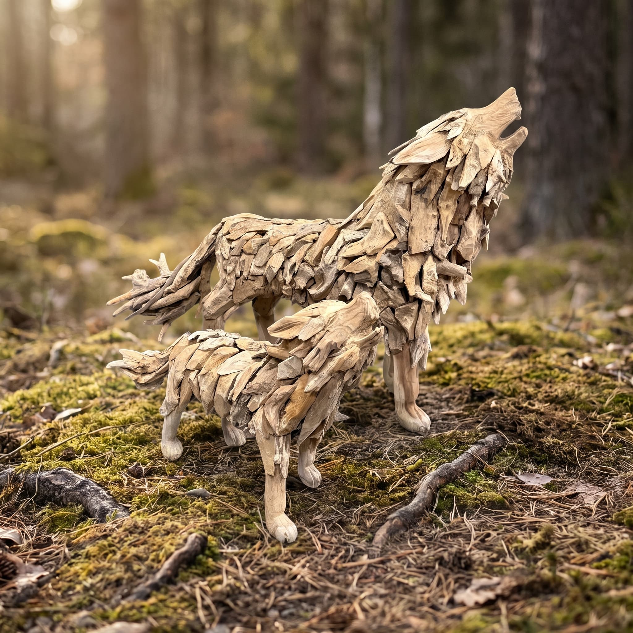 Wolven van gerecycled teak op een bemoste bosbodem, een grote die huilt met geheven kop en een kleinere ernaast