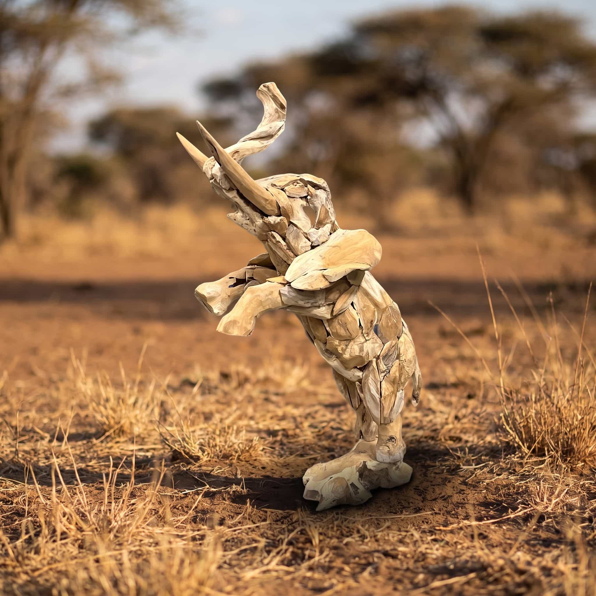 Olifant van gerecycled teak, staand, zijaanzicht van de olifant op zijn achterpoten met de slurf omhoog