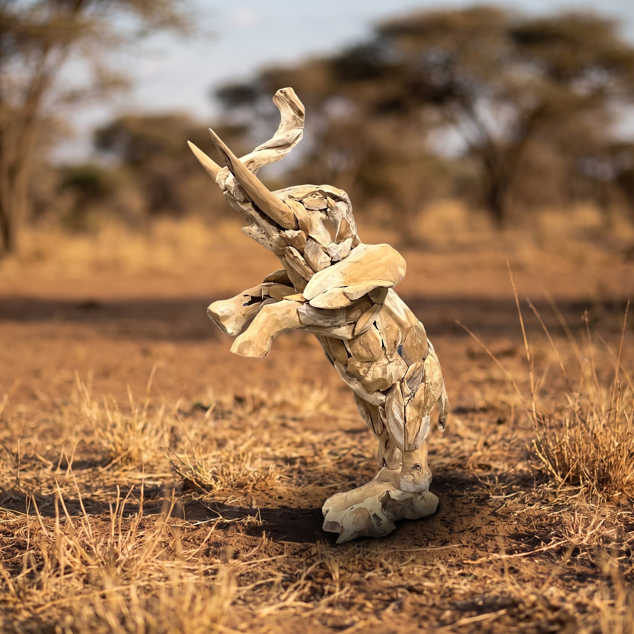 Olifant van gerecycled teak, staand, zijaanzicht van de olifant op zijn achterpoten met de slurf omhoog