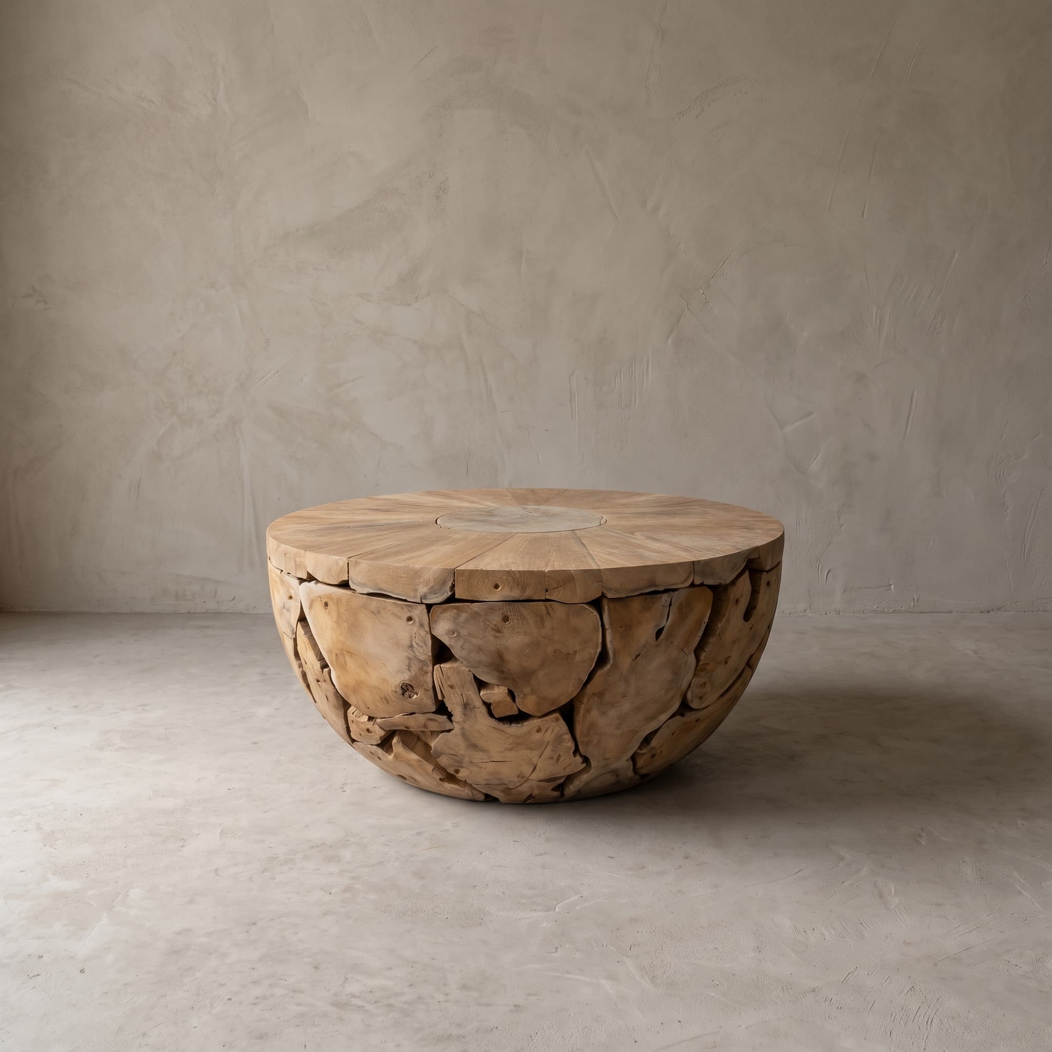 Salontafel Pandu van teak, rond, met middenschijf, lage halve bol van onregelmatige stukken teak onder een blad van stervormige segmenten