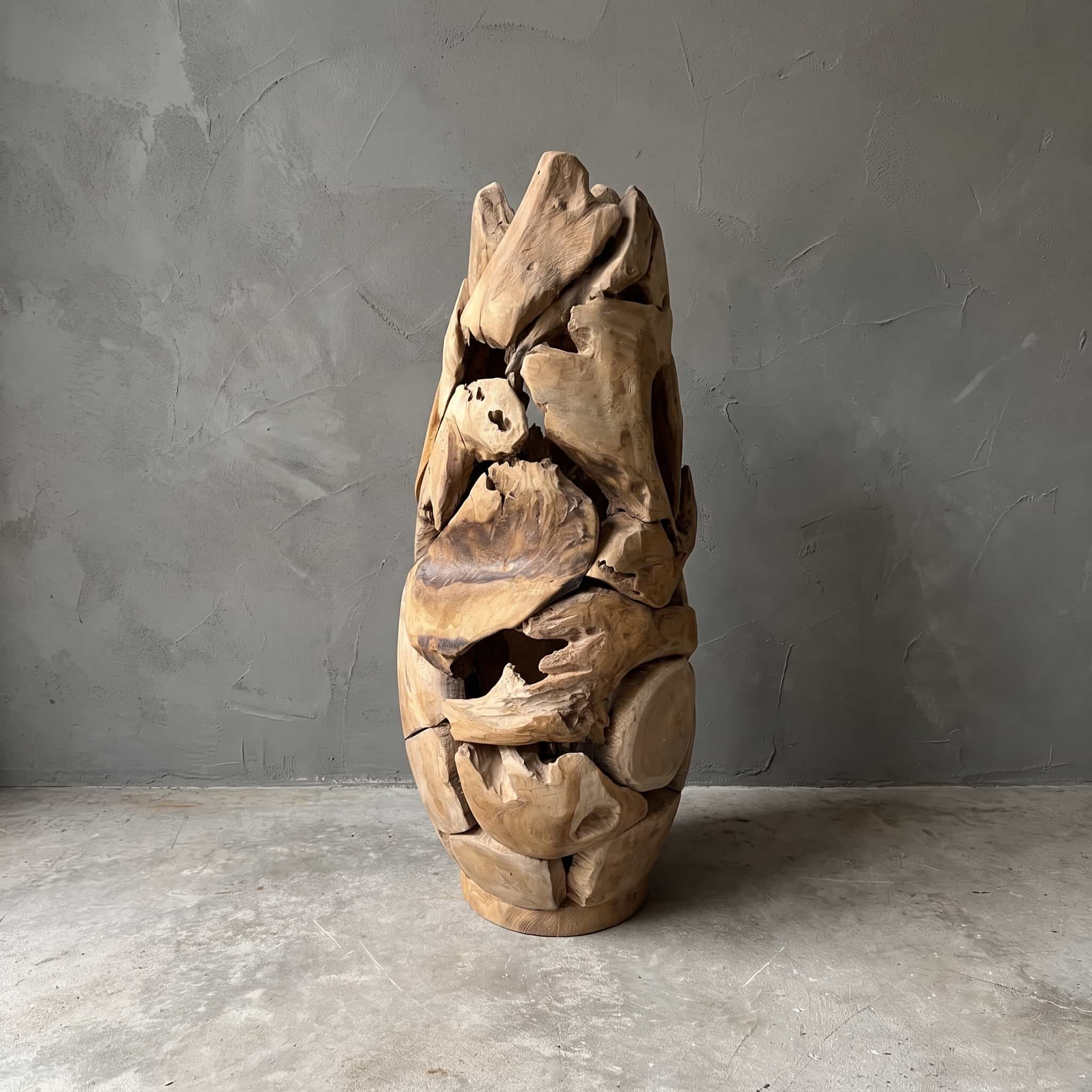 Lamp Krawang van teak, teakhouten lamp van afgeronde stukken hout met holtes in een staande vorm, vooraanzicht