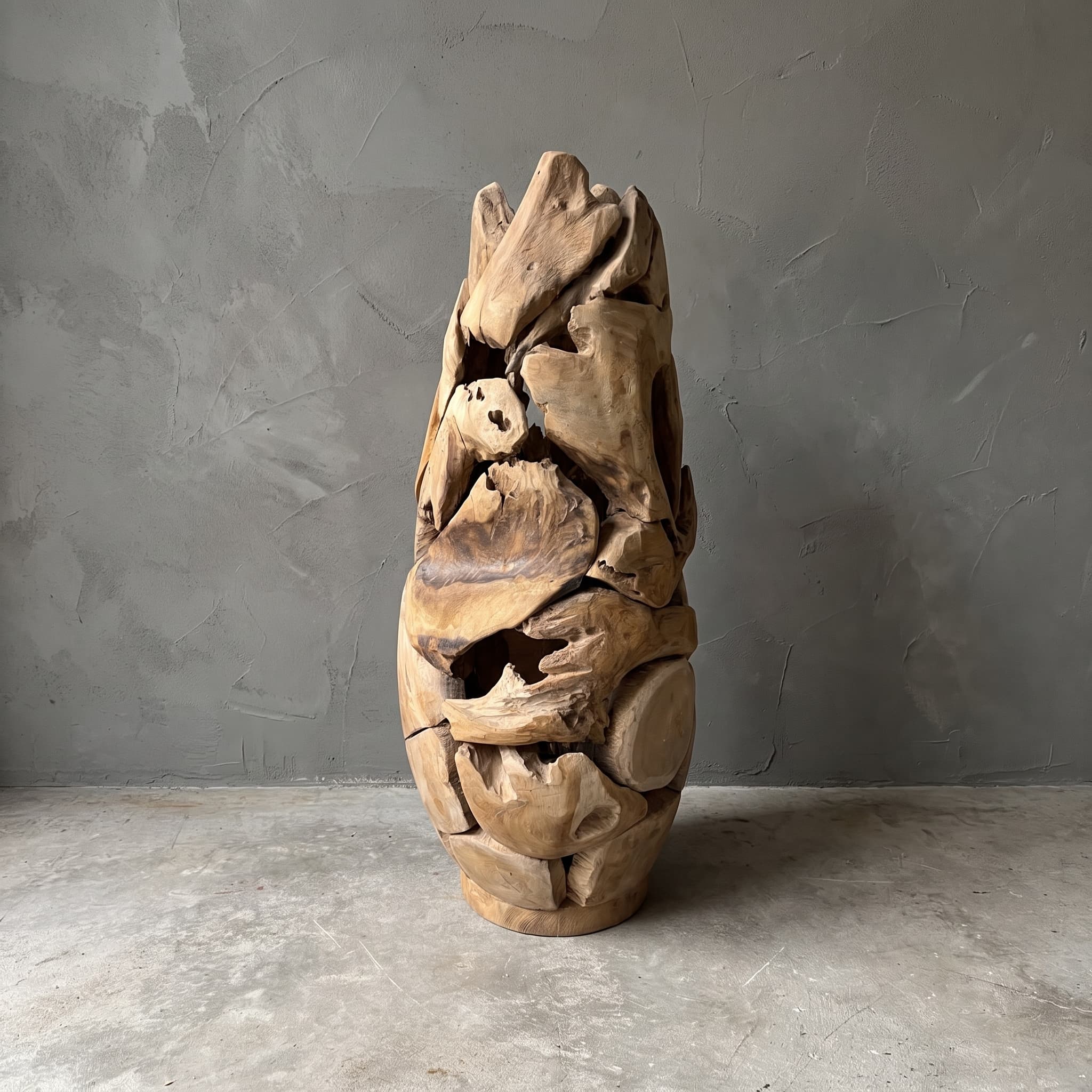 Lamp Krawang van teak, teakhouten lamp van afgeronde stukken hout met holtes in een staande vorm, vooraanzicht