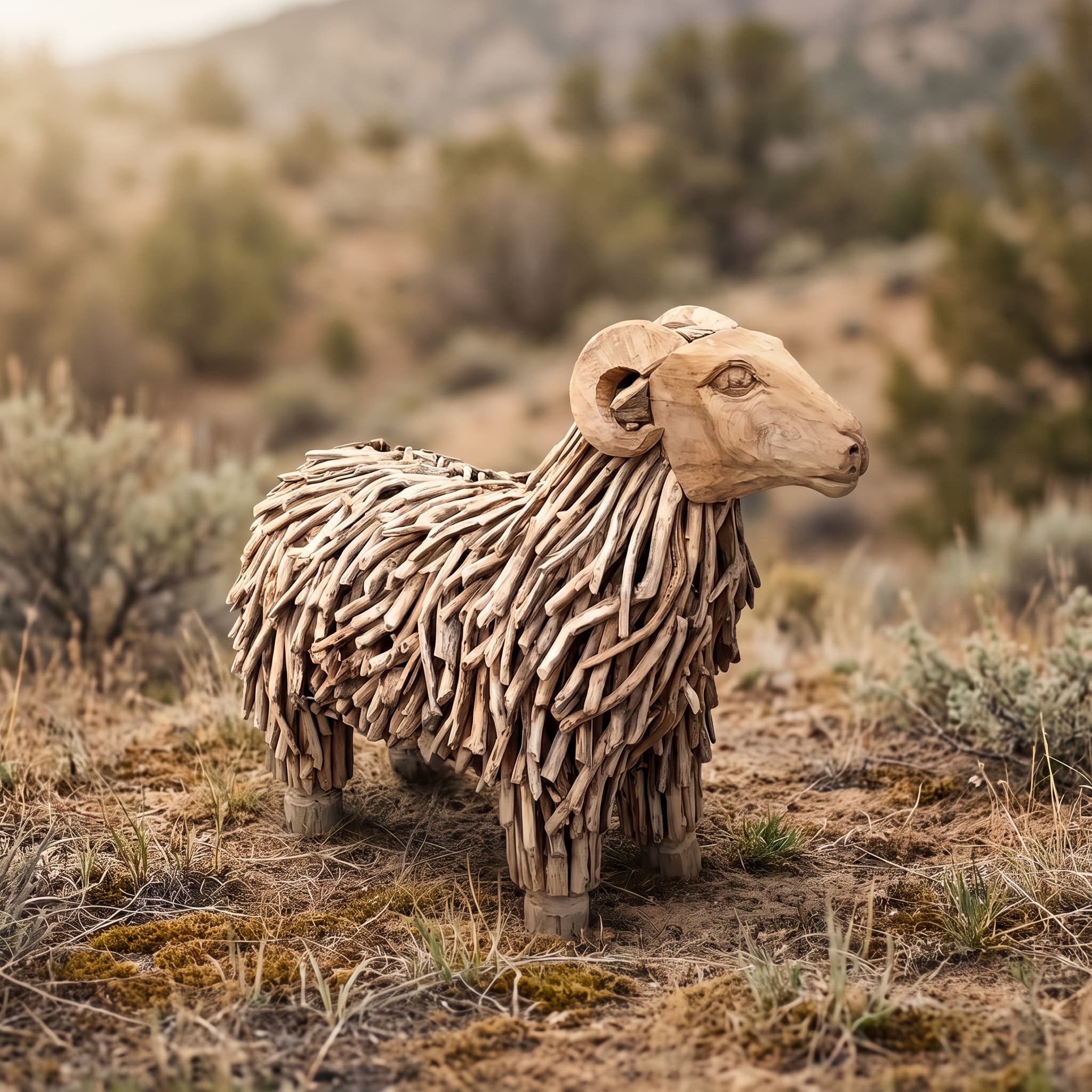 Schaap van gerecycled teak met lange vacht en gekrulde hoorns, zijaanzicht op droog gras en mos op een heuvel met lage struiken