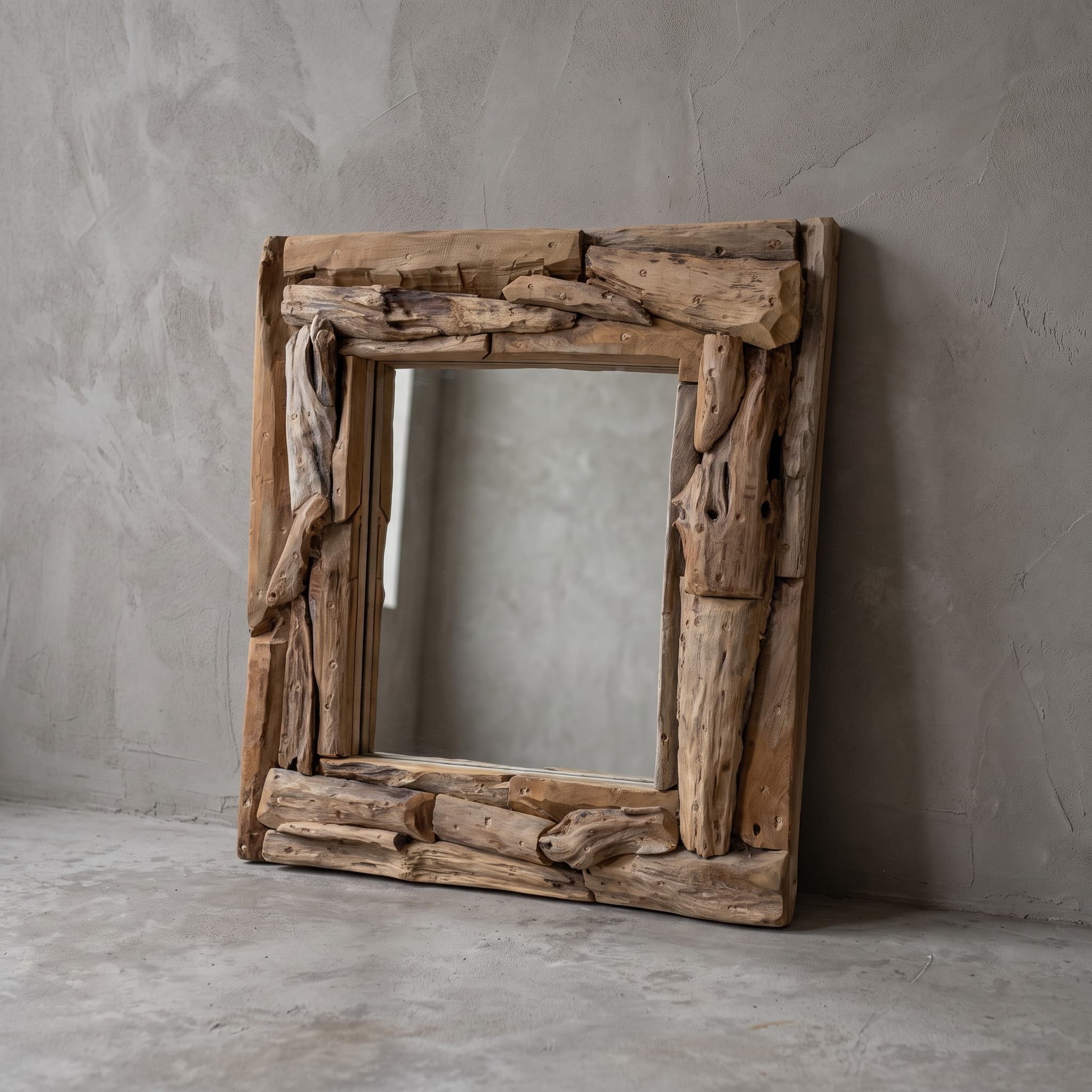 Spiegel Rama van teak, vierkant, schuin vooraanzicht van de lijst met stukken hout in lagen tegen een grijze wand