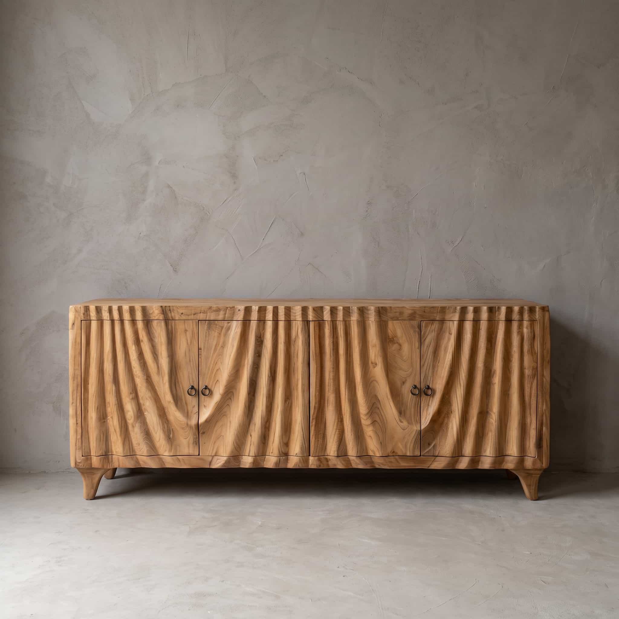 Dressoir Drapery van teak, 200 cm, vooraanzicht van het front met verticale plooien en vier deuren op taps toelopende poten