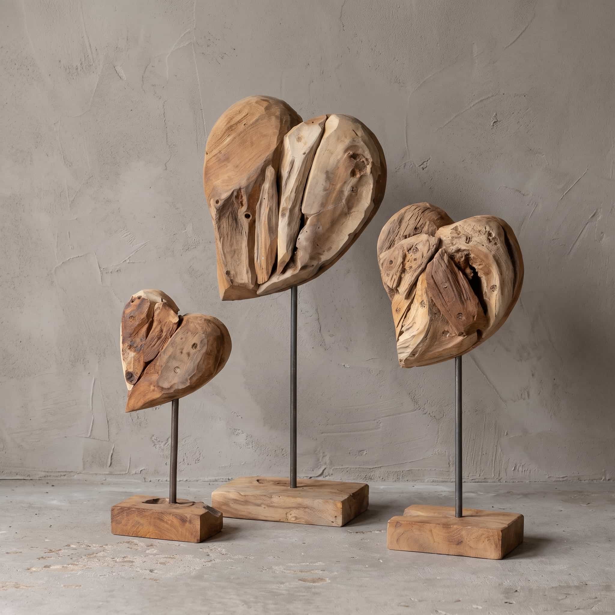 Sokkel Papan van gerecycled teak, hart, set van 3, schuin vooraanzicht van de drie harten op hun staven, voor een grijze wand