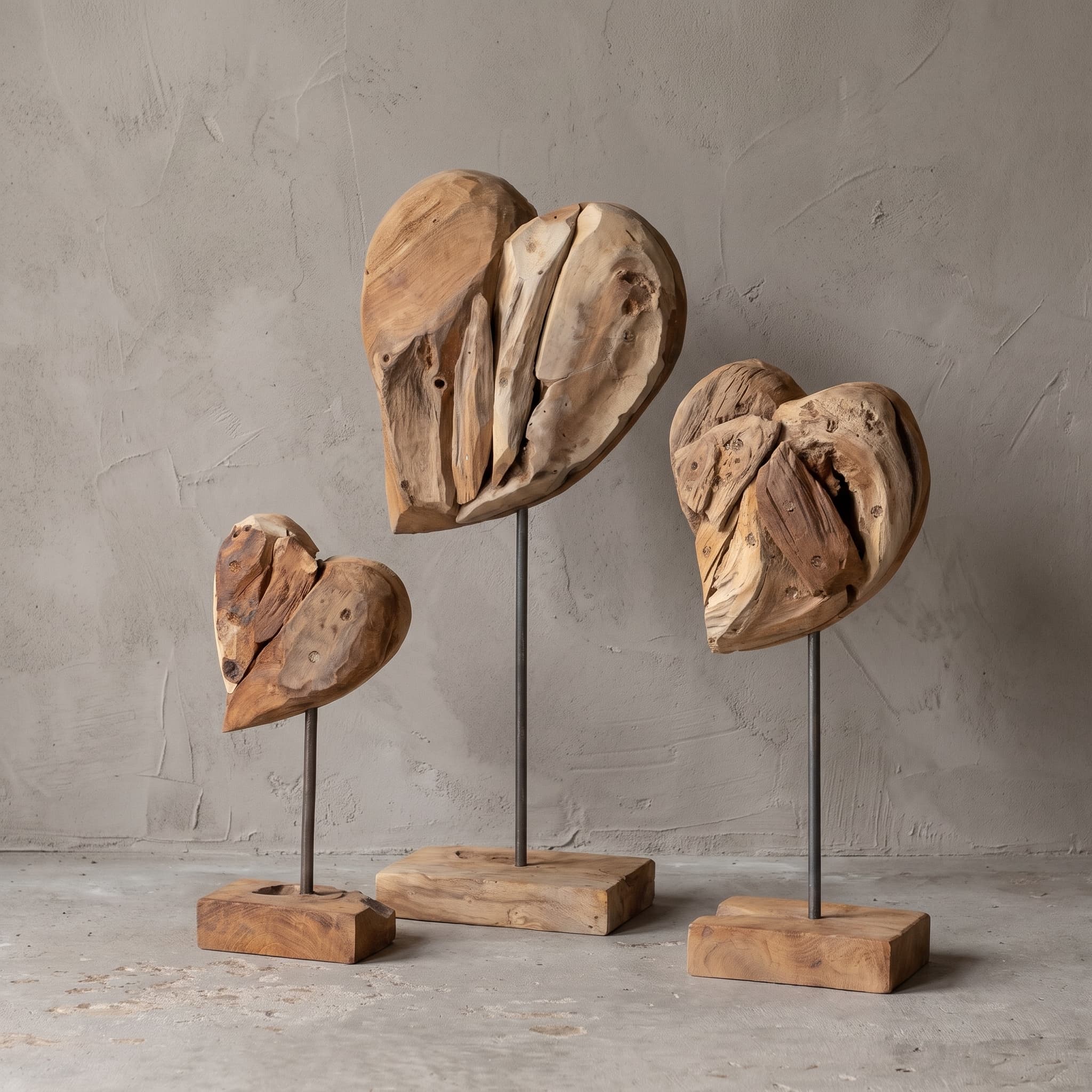 Sokkel Papan van gerecycled teak, hart, set van 3, schuin vooraanzicht van de drie harten op hun staven, voor een grijze wand