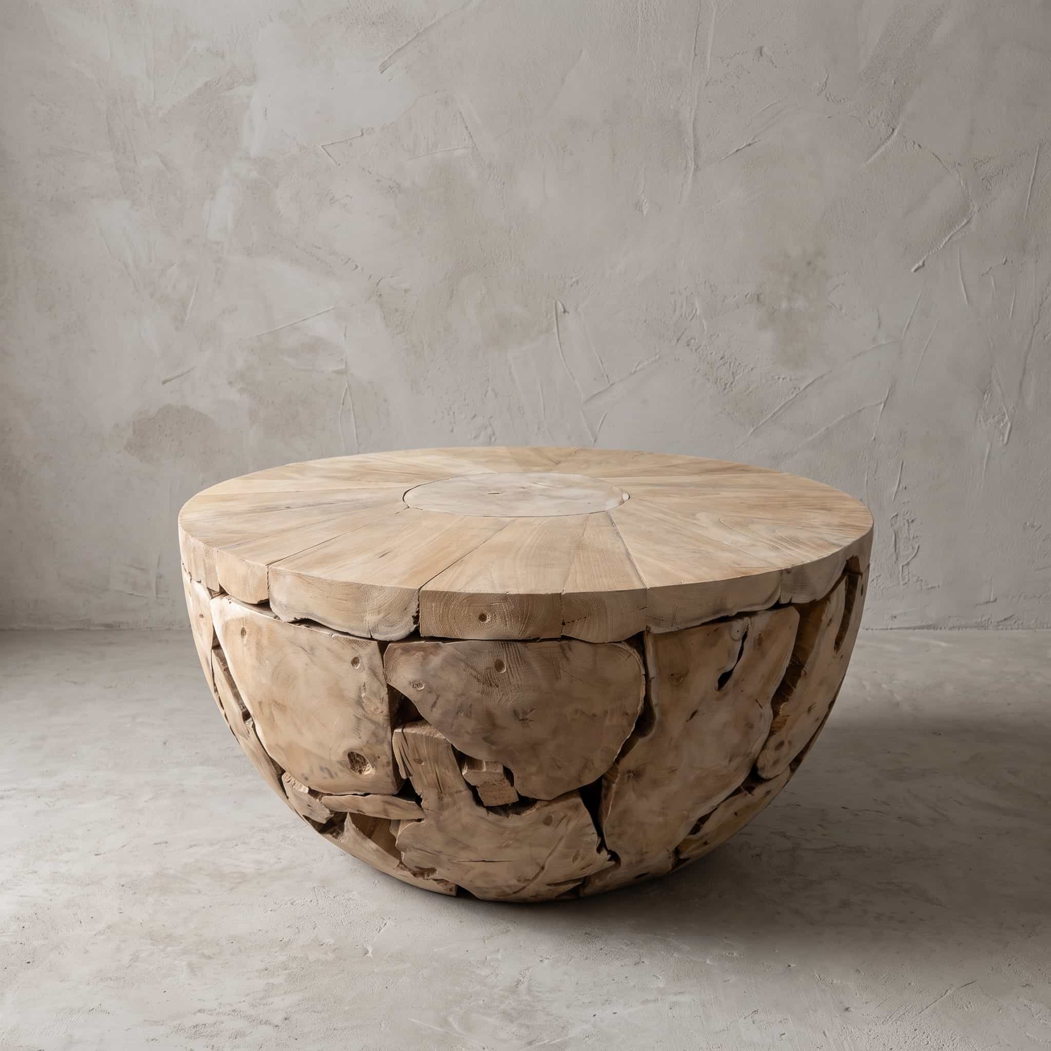 Salontafel Pandu van teak, rond, met middenschijf, maat Ø 60 cm, schuin vooraanzicht van het blad op een halve bol