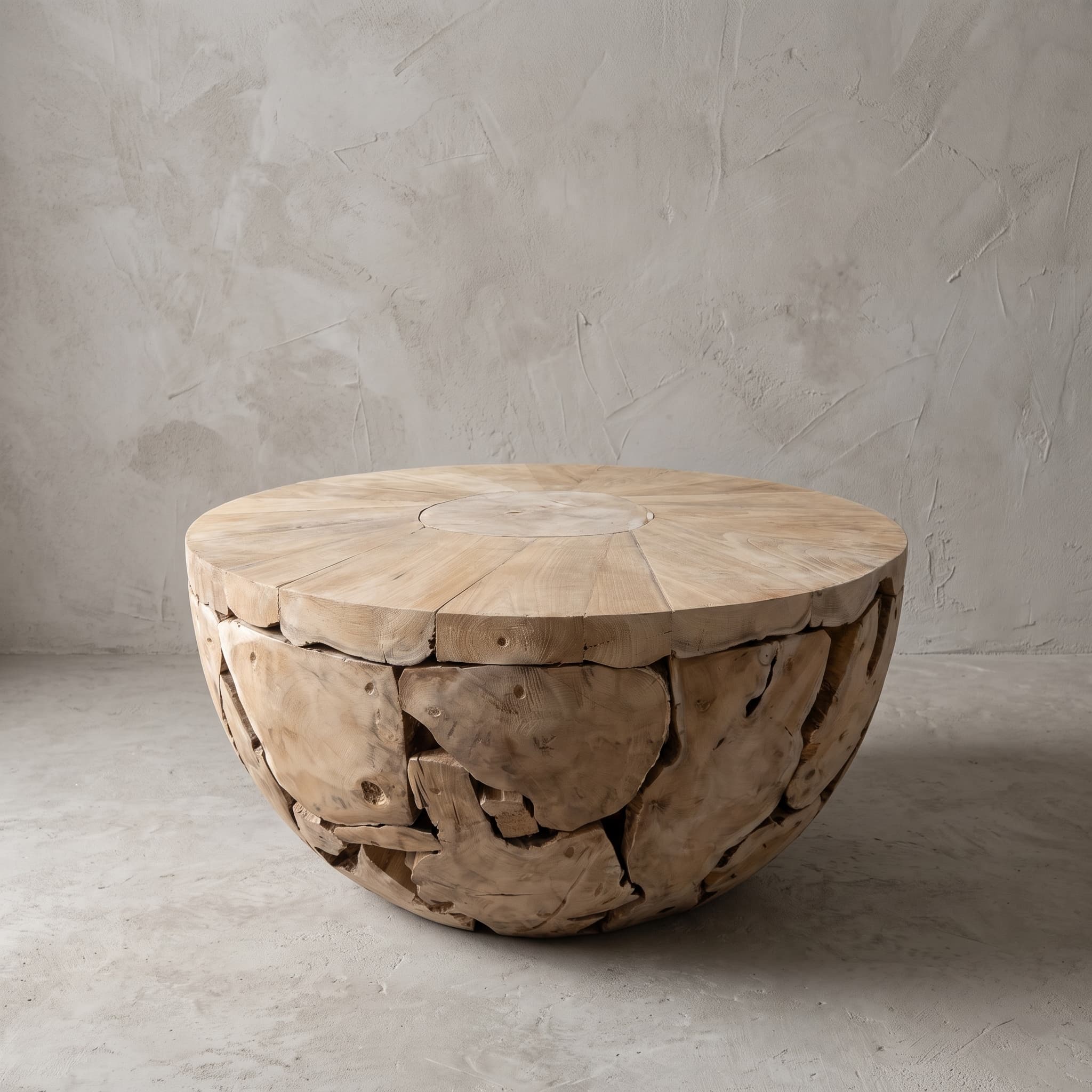 Salontafel Pandu van teak, rond, met middenschijf, maat Ø 60 cm, schuin vooraanzicht van het blad op een halve bol