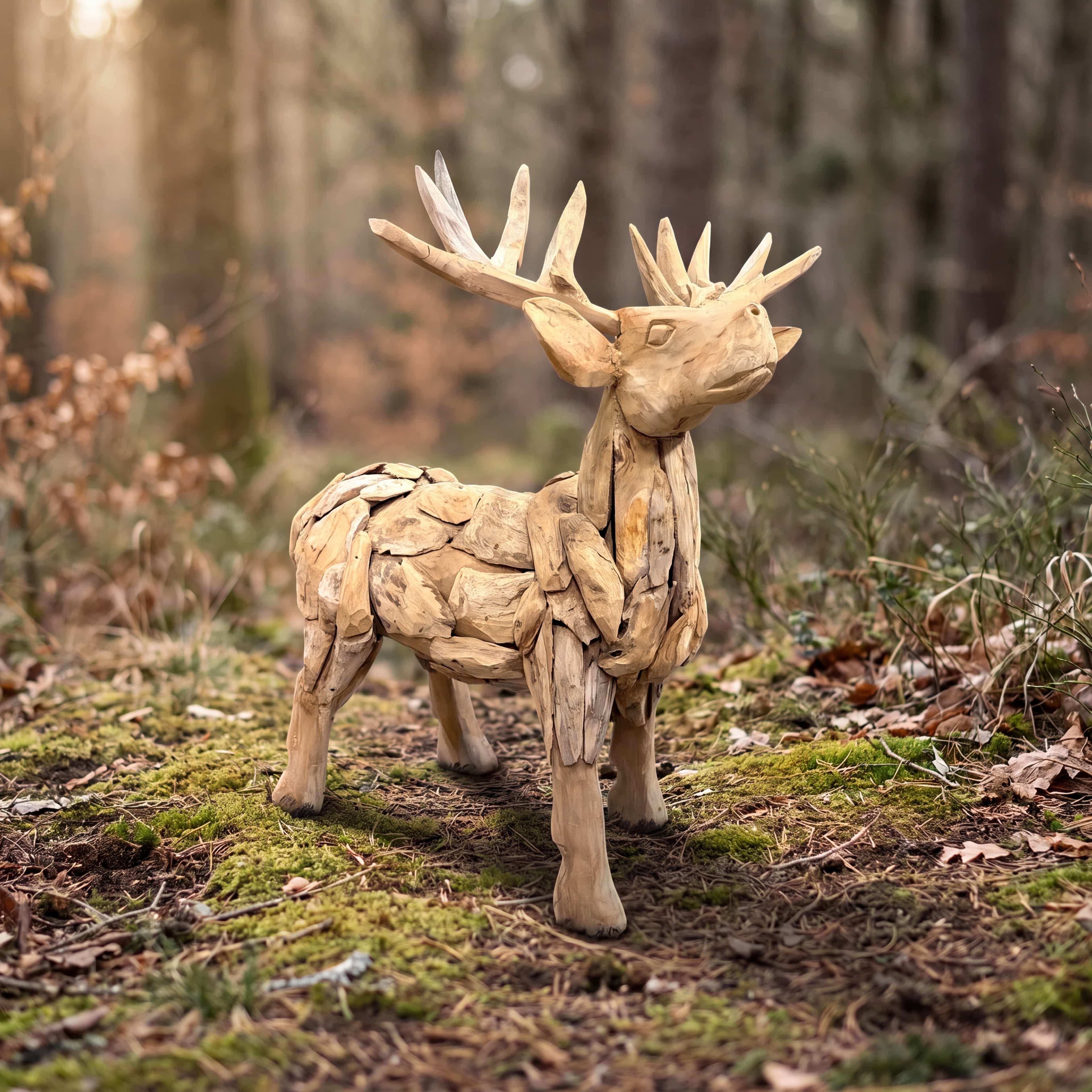 Hert van gerecycled teak in maat S van 90 cm, staand hert met vertakt gewei en een lijf van afgeronde stukken