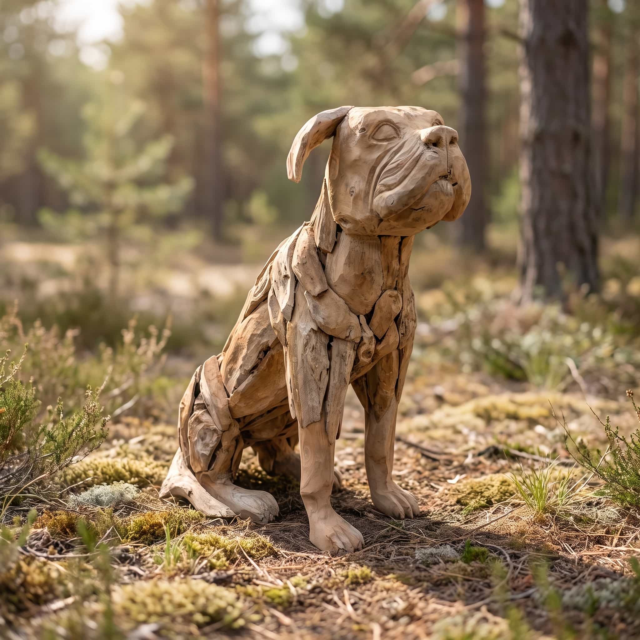 Hond van gerecycled teak, zittend, in schuin vooraanzicht met gladde kop en plooien rond de snuit