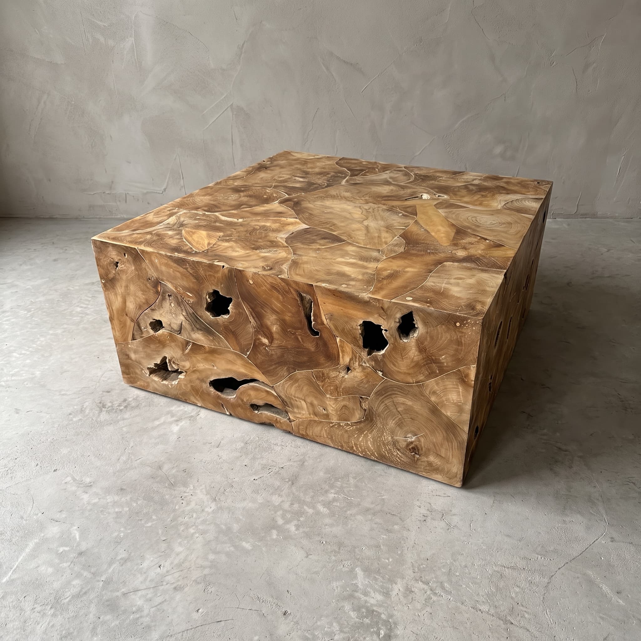 Salontafel Pandu van teak, vierkant, laag breed blok van samengevoegde stukken teak met open kwasten en holtes