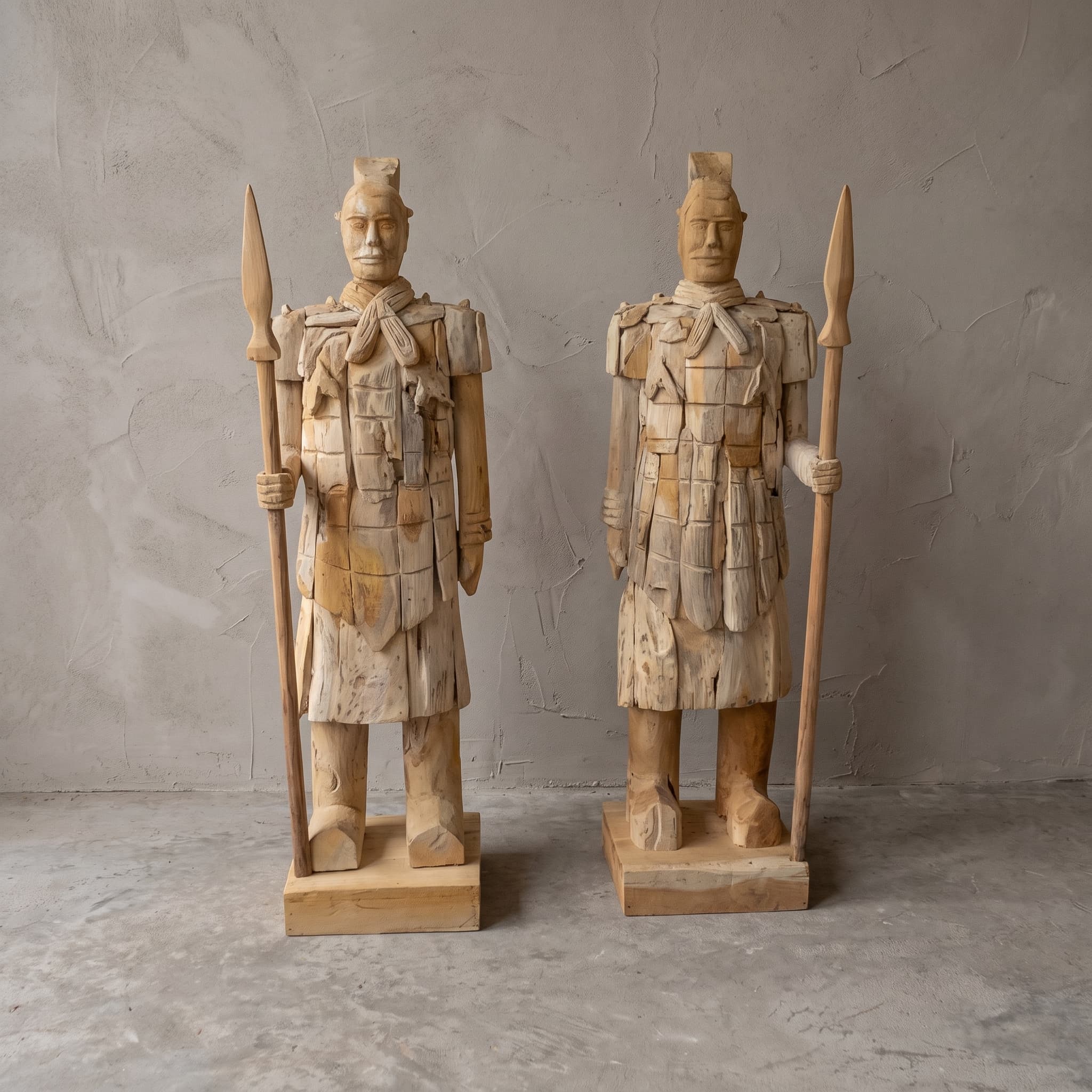 Krijger van gerecycled teak met speer, rechtshandig, twee krijgers met een speer naast elkaar, van voren gezien voor een grijze wand