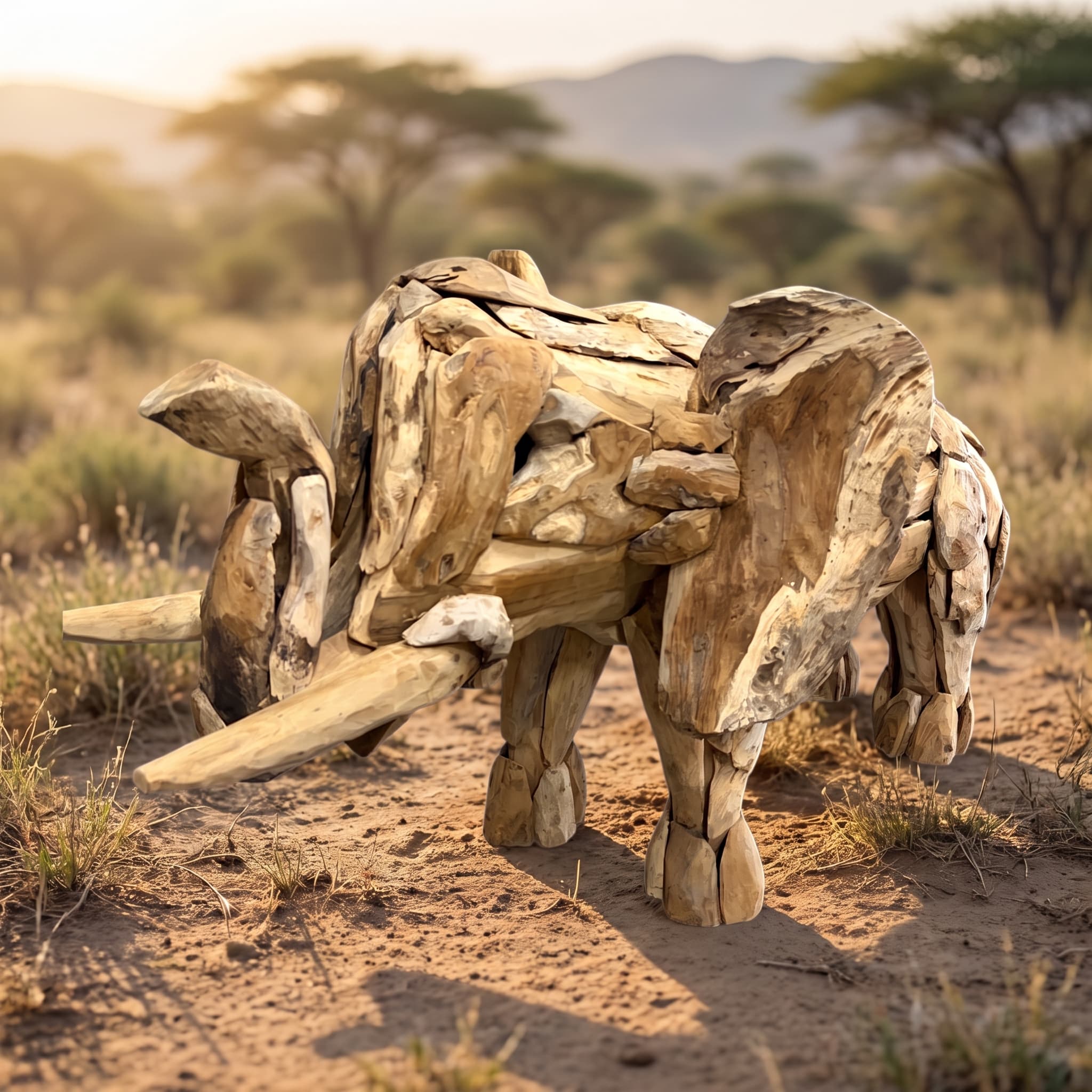 Olifant van gerecycled teak, maat S van 85 cm, opgebouwd uit verweerde stukken hout, met lange slagtanden en poten van gestapelde blokken