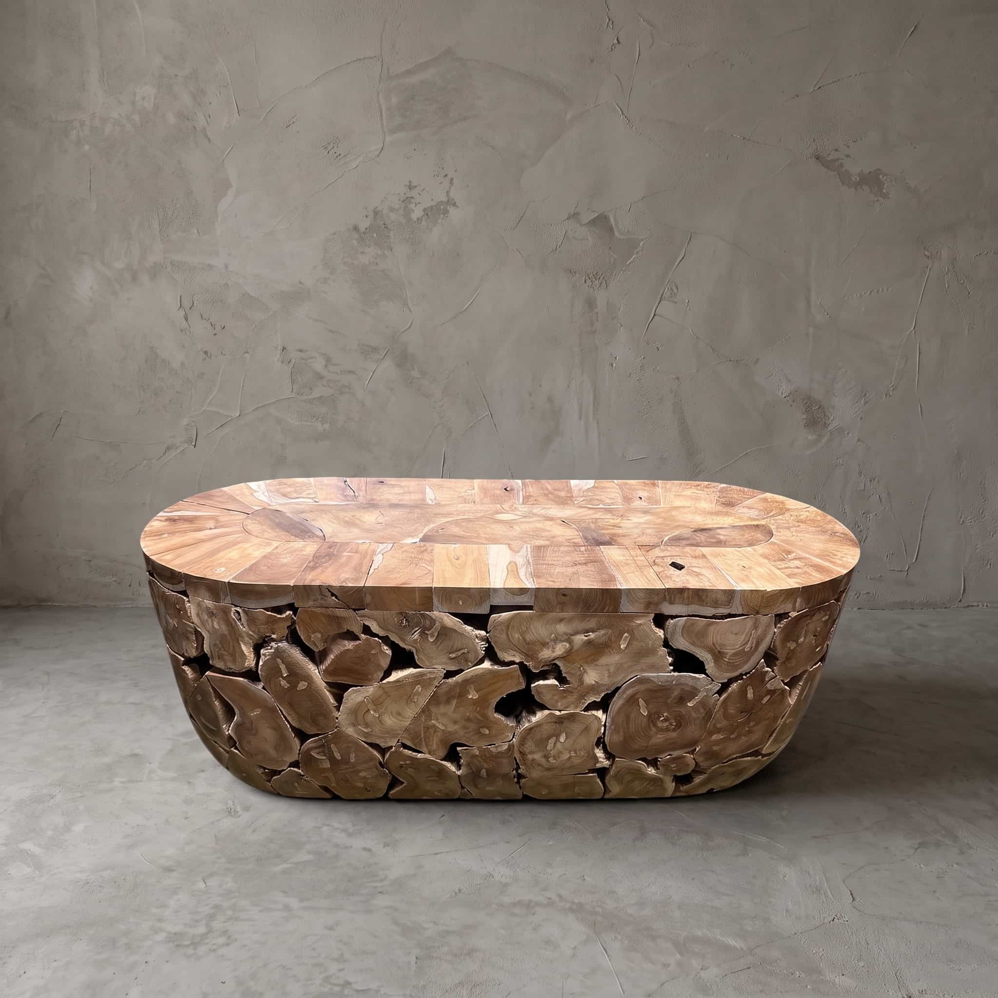 Salontafel Pandu van teak, vooraanzicht van de ovale tafel met zijkanten van stukken hout met jaarringen