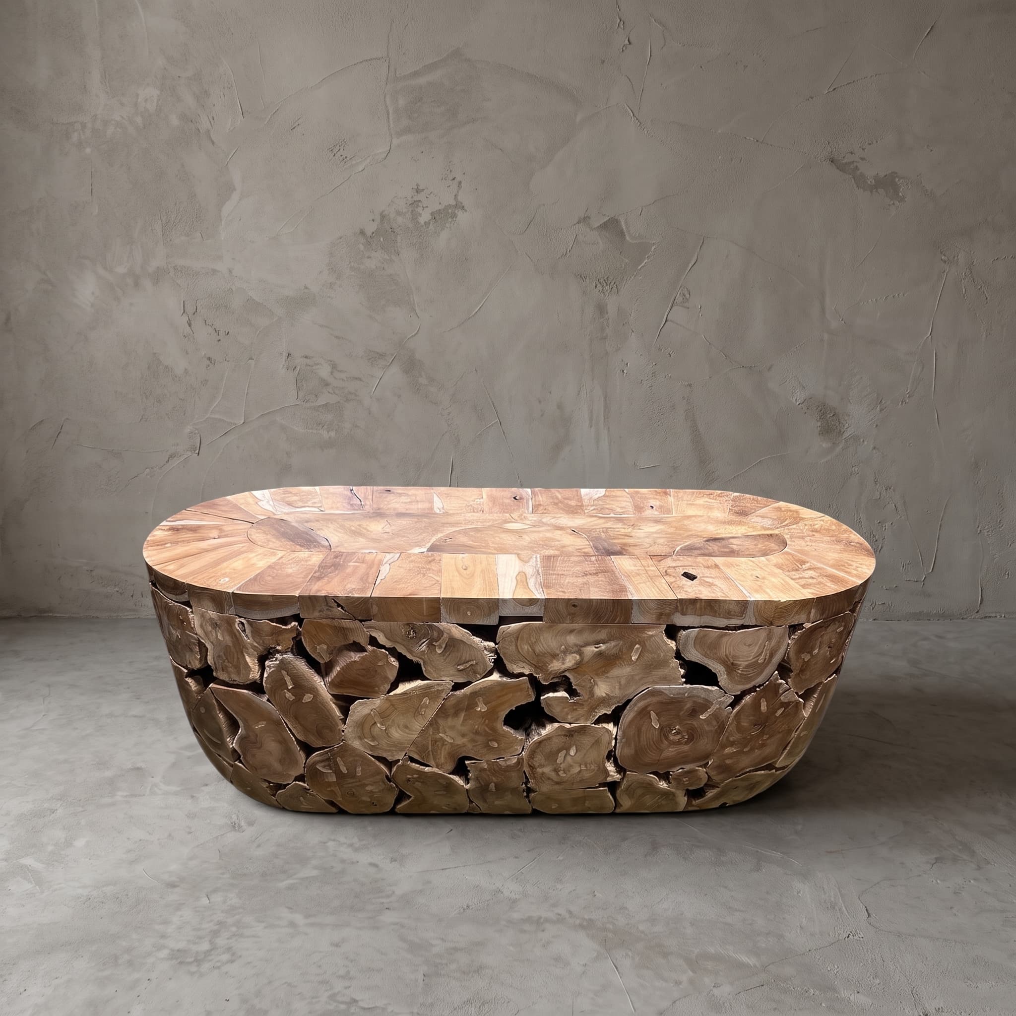 Salontafel Pandu van teak, vooraanzicht van de ovale tafel met zijkanten van stukken hout met jaarringen