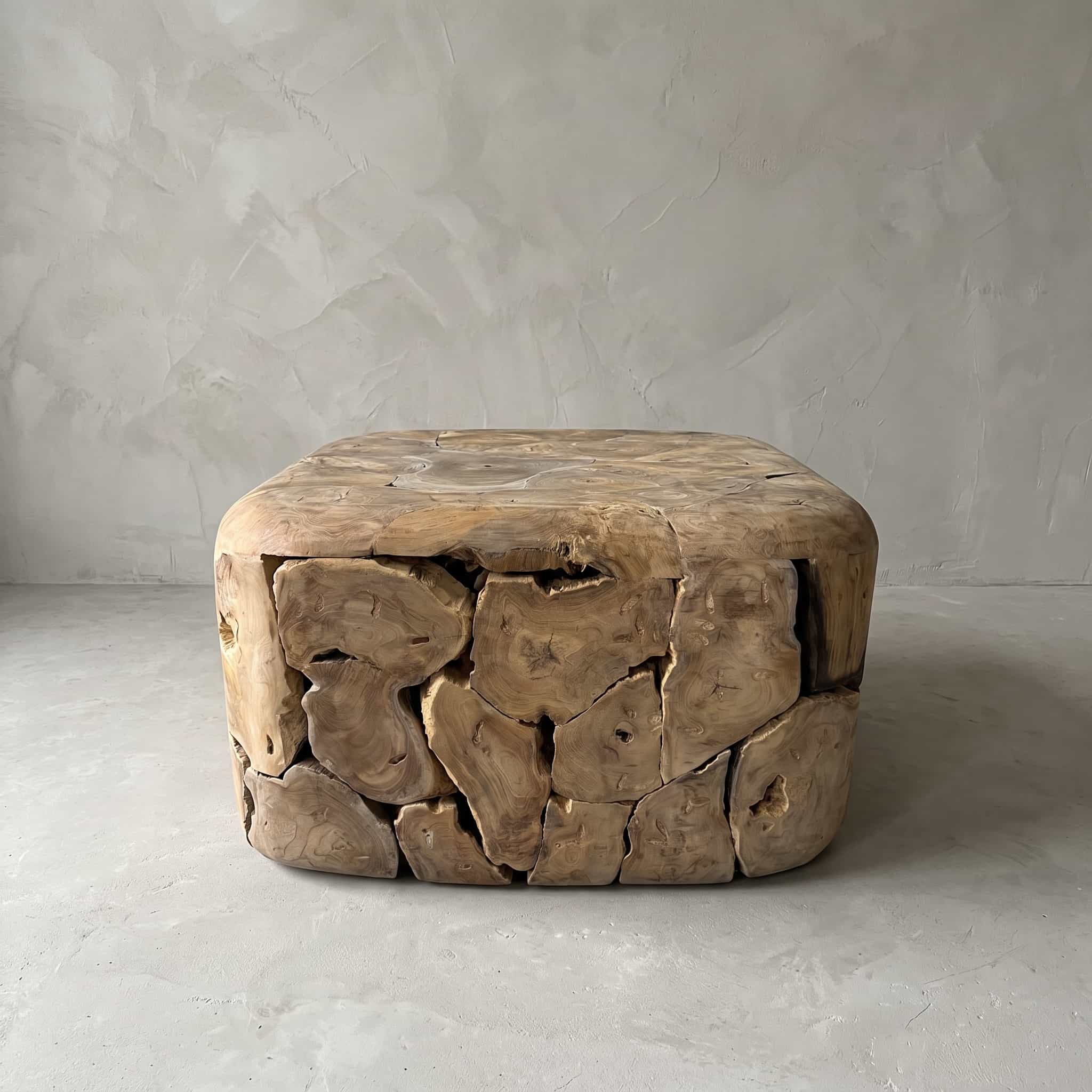 Salontafel Tupat van teak, vierkant, vooraanzicht van de afgeronde hoeken en de grillige stukken hout in de voorkant