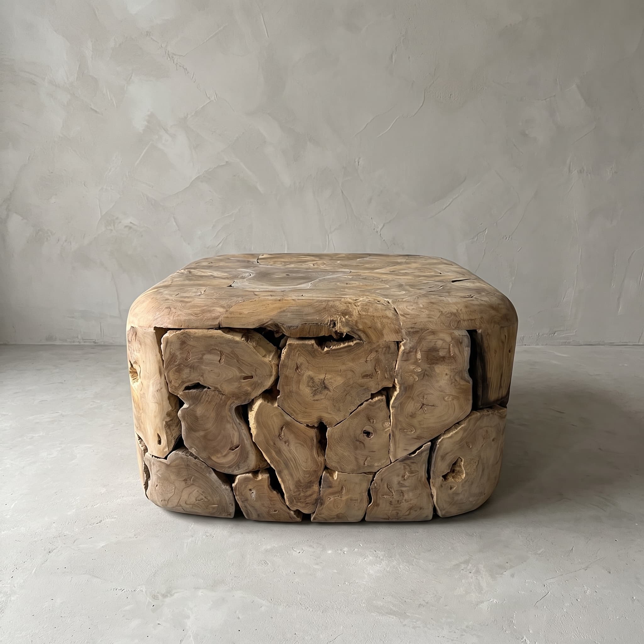 Salontafel Tupat van teak, vierkant, vooraanzicht van de afgeronde hoeken en de grillige stukken hout in de voorkant