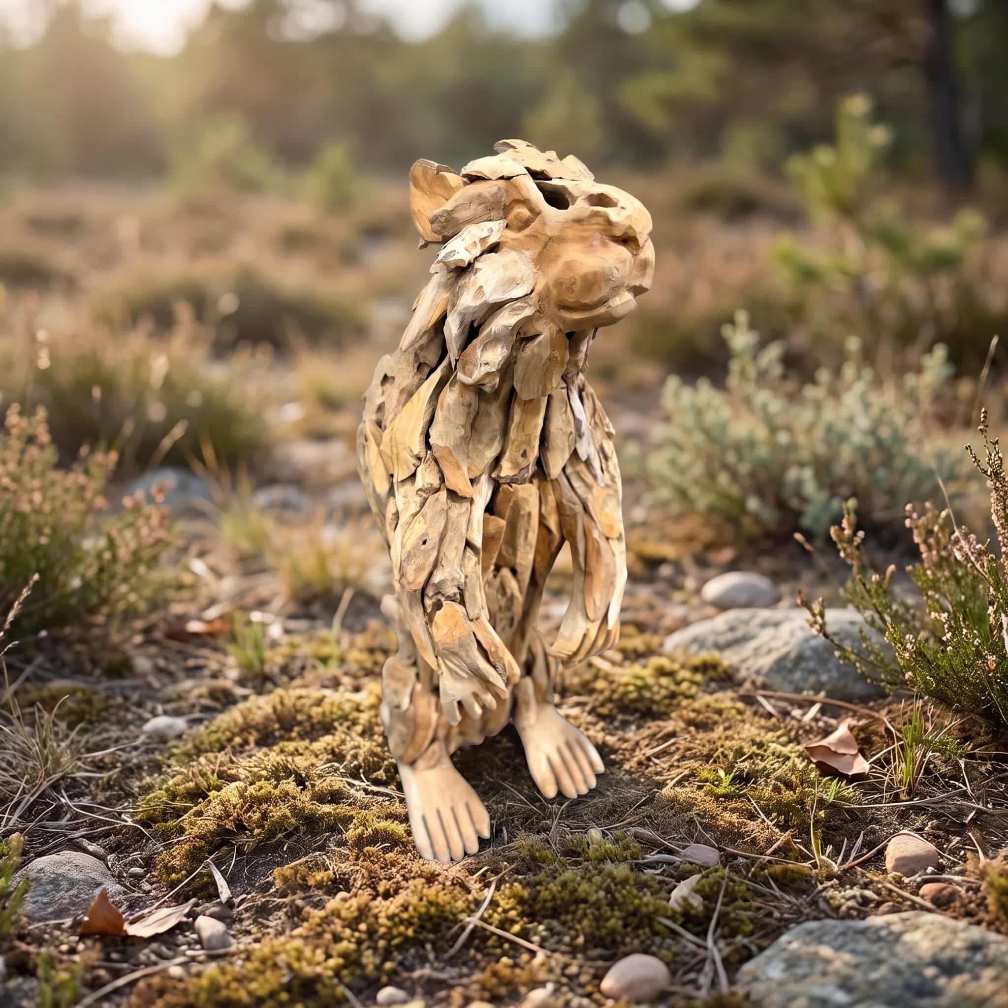 Marmot van gerecycled teak, vooraanzicht van de rechtopstaande marmot met de kop opzij gedraaid