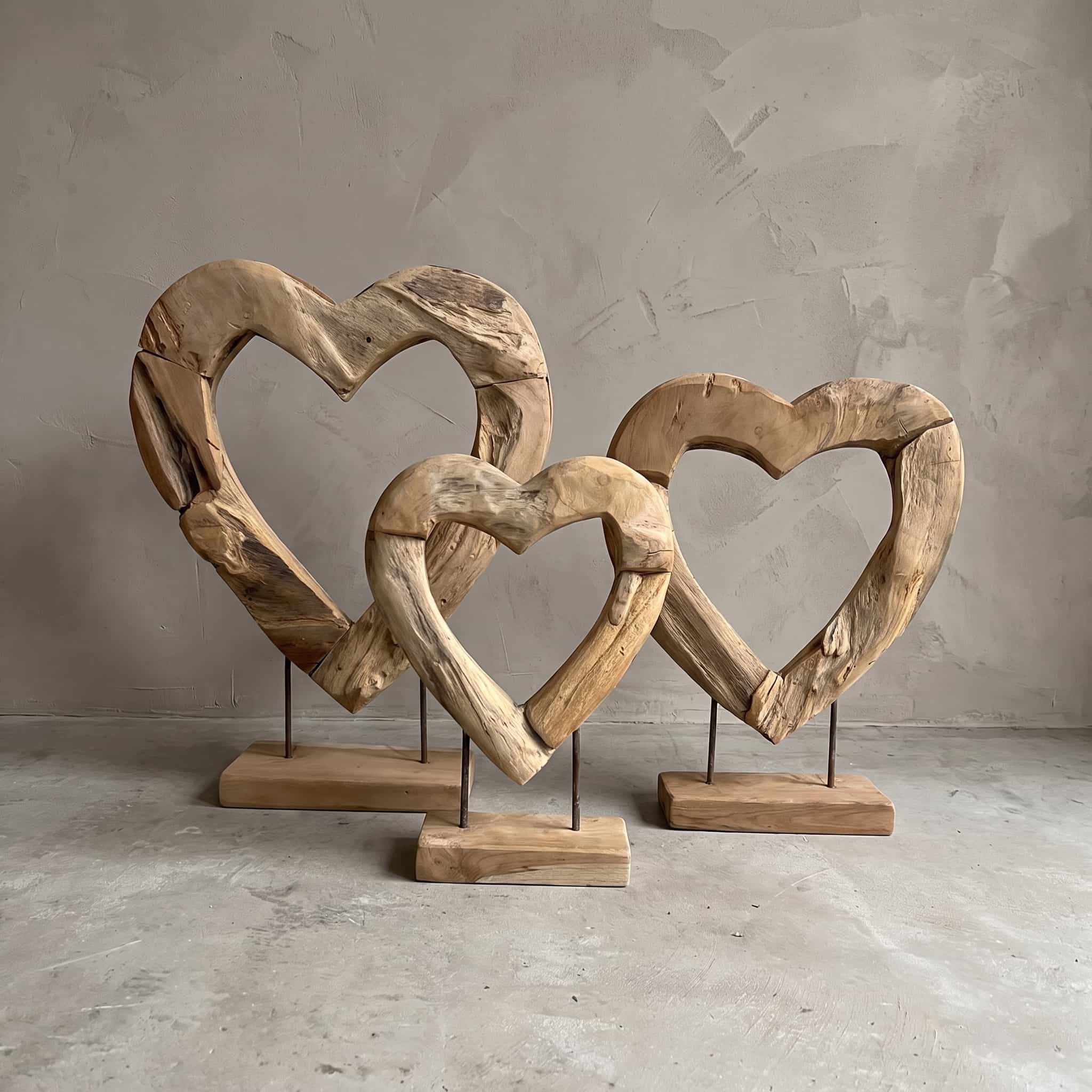 Sokkel van gerecycled teak, open hart, set van 3, drie overlappende harten van verweerd hout op dunne donkere staven en houten blokken