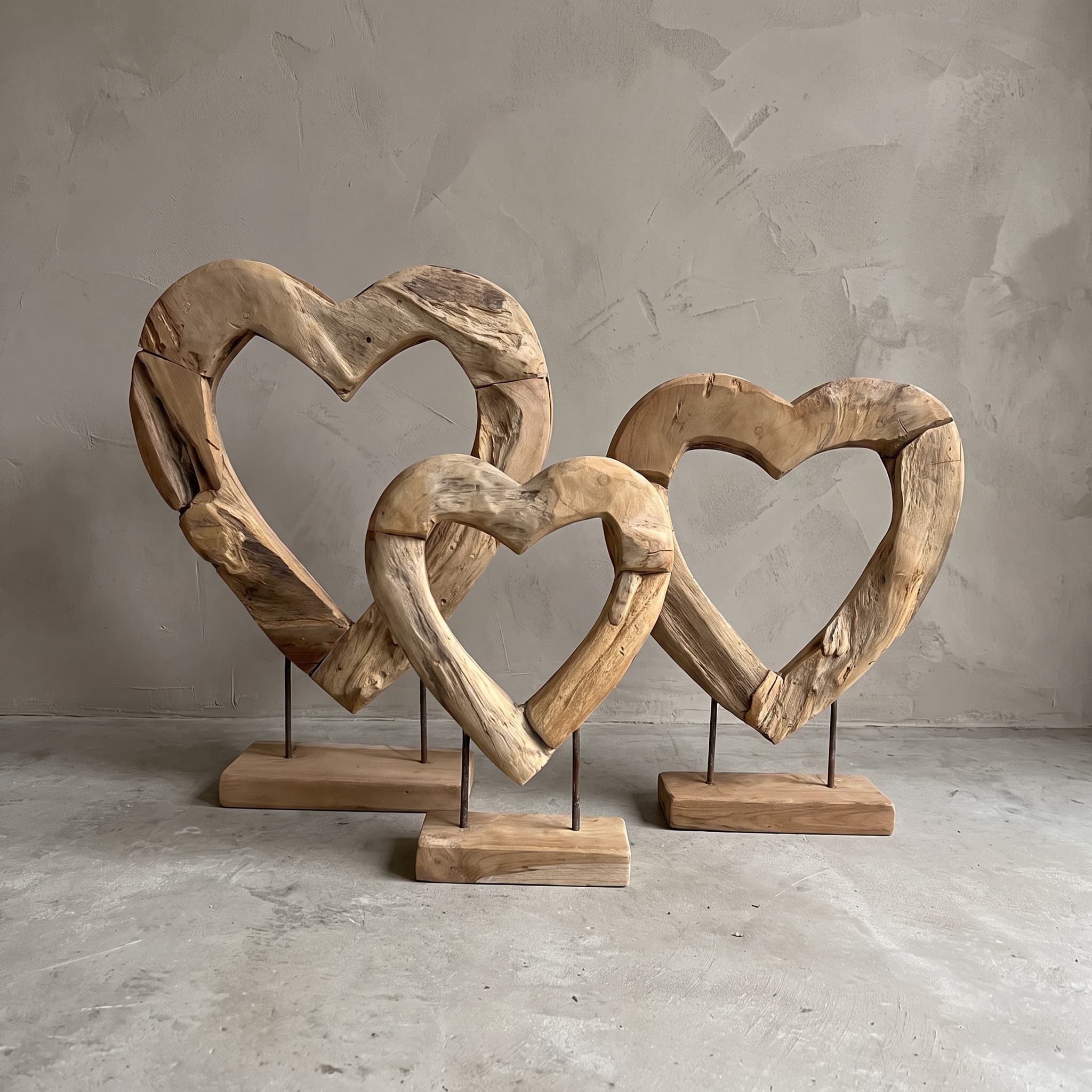 Sokkel van gerecycled teak, open hart, set van 3, drie overlappende harten van verweerd hout op dunne donkere staven en houten blokken