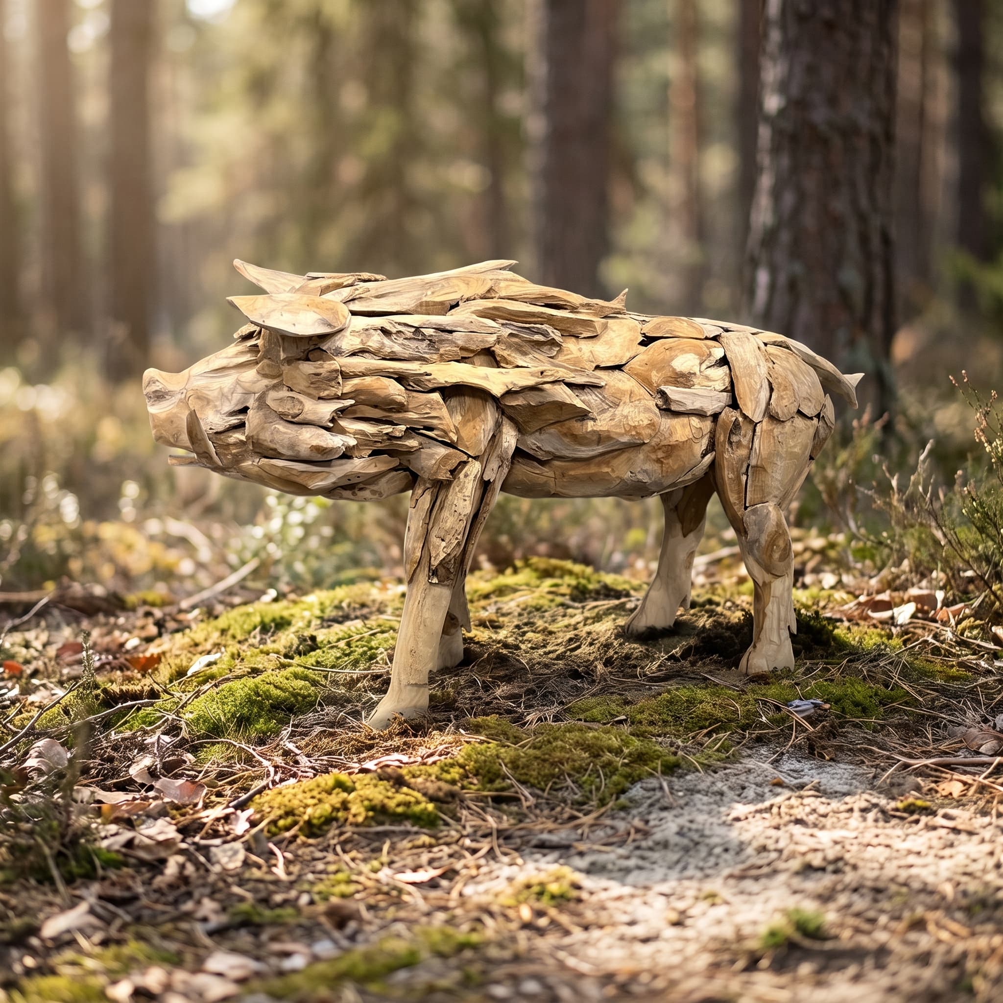 Everzwijn van gerecycled teak in zijaanzicht, staand op een bemost stuk grond in een zonnig dennenbos