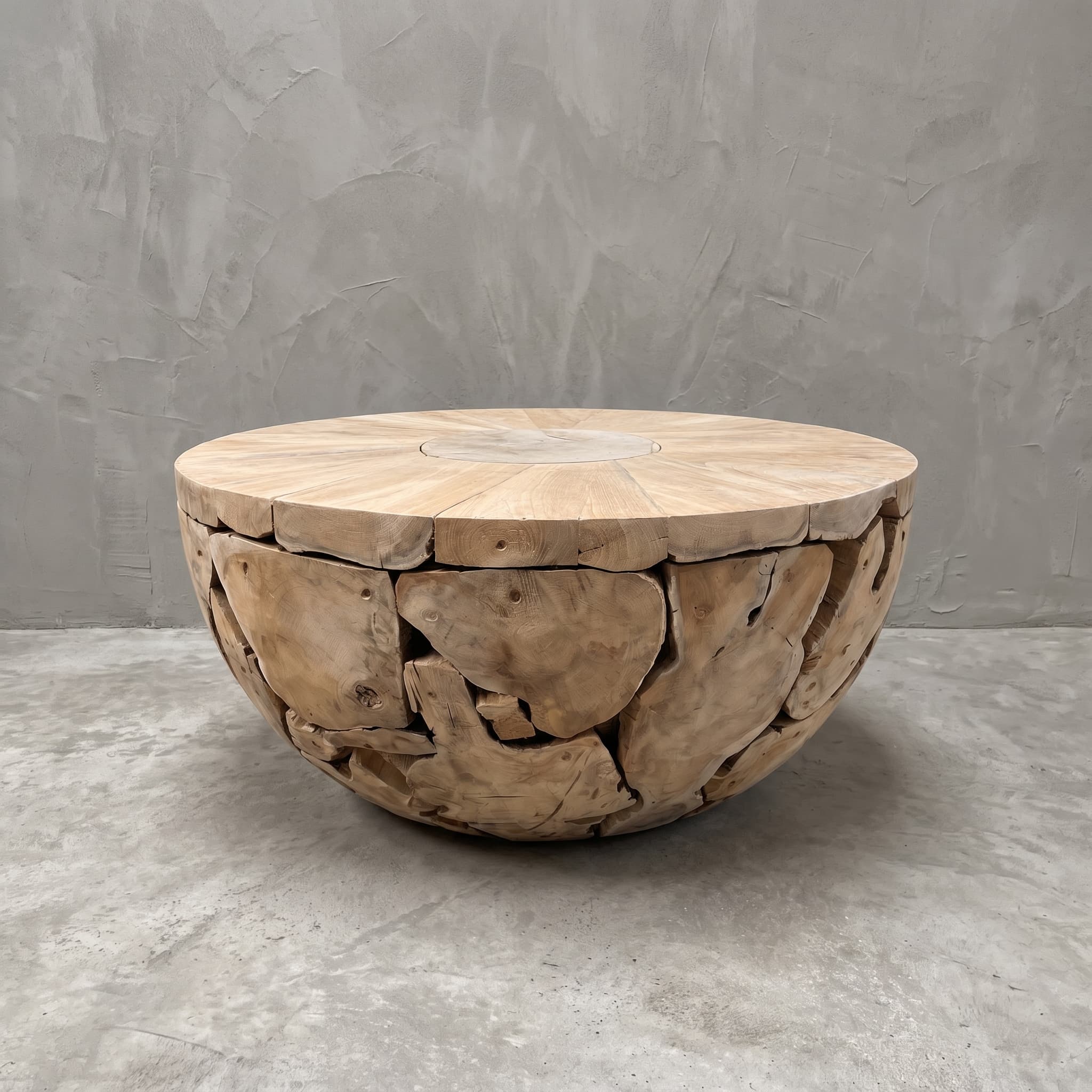 Salontafel Pandu van teak, rond, met middenschijf, dichtbij vooraanzicht van de ronde onderkant van grote stukken teak