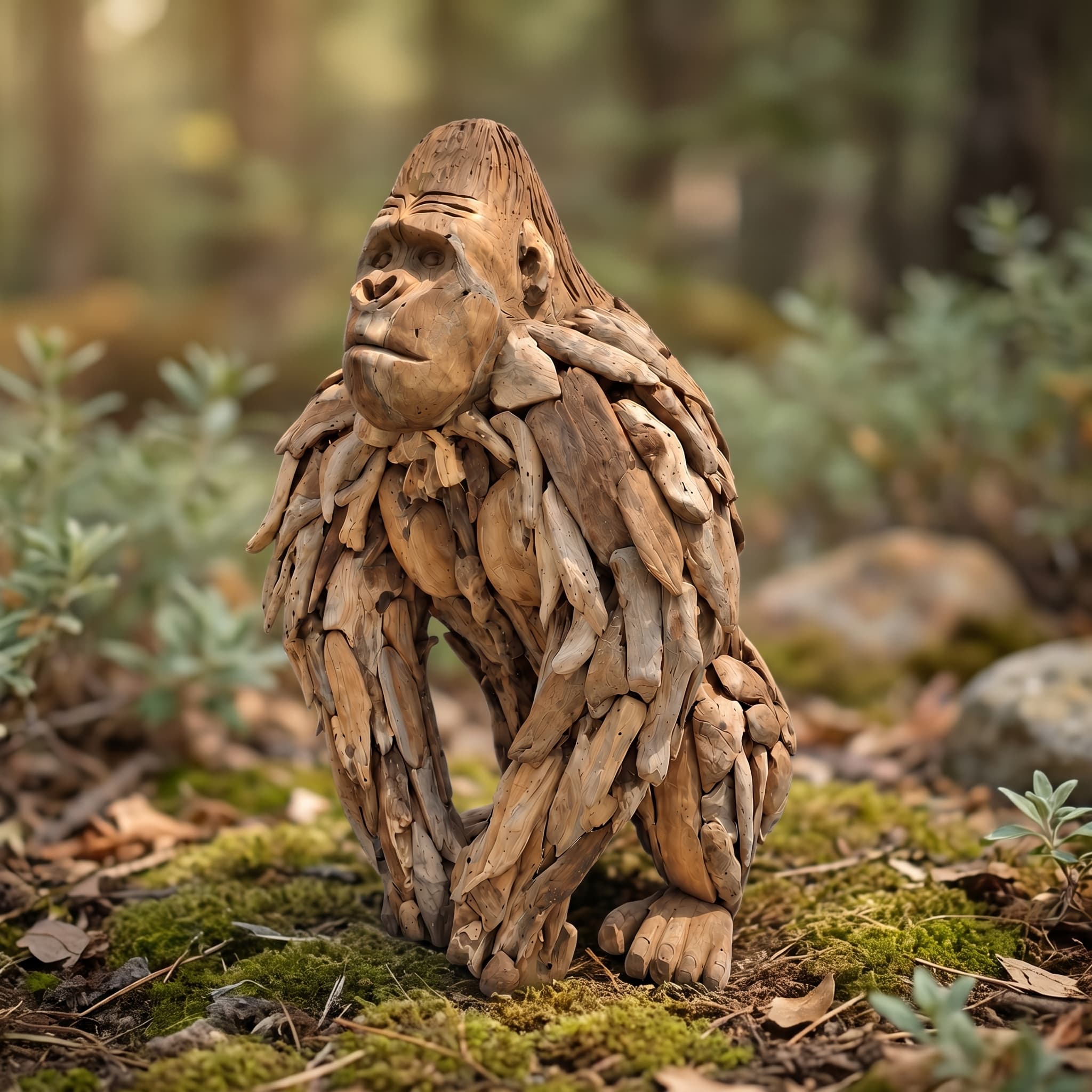 Gorilla King Kong van gerecycled teak, voorovergebogen op handen en voeten op mos en afgevallen blad in een bos