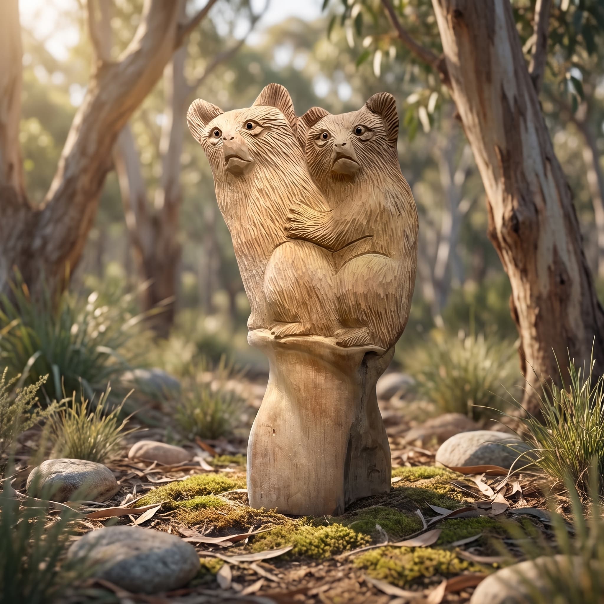 Koala van gerecycled teak, vooraanzicht met de fijne haarlijnen en de poot om de andere koala