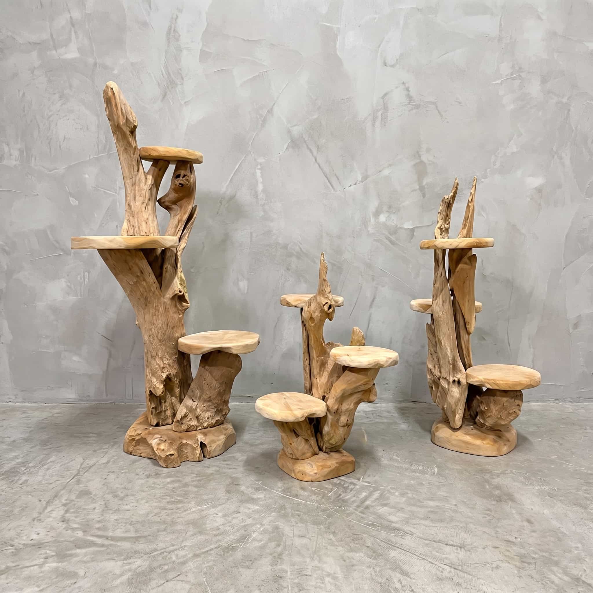 Display Roots Nurali van wortelhout, wortelstandaards van verschillende hoogte naast elkaar, elk met ronde houten plateaus