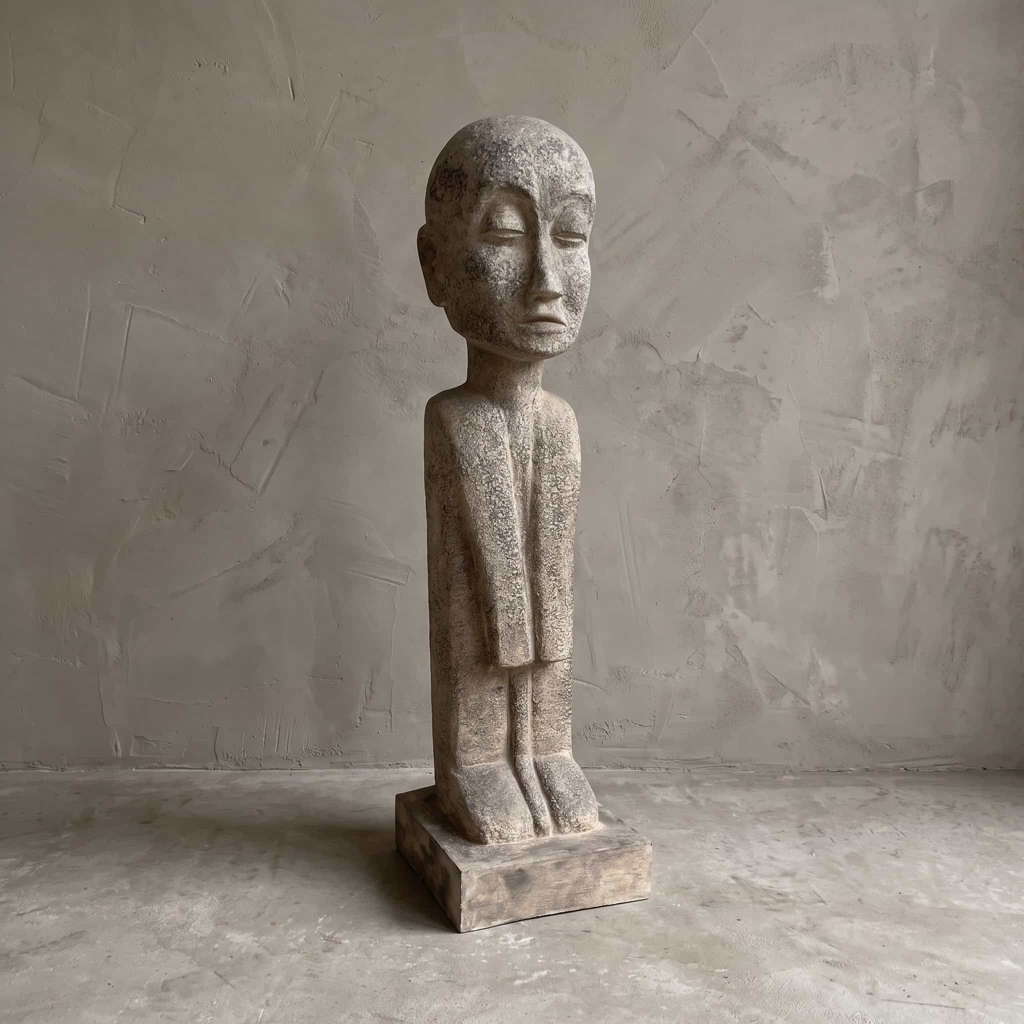Beeld Konggo 2 van polystone, gevlekte grijze figuur met kaal rond hoofd en lange armen langs het lijf, op een vierkant blok