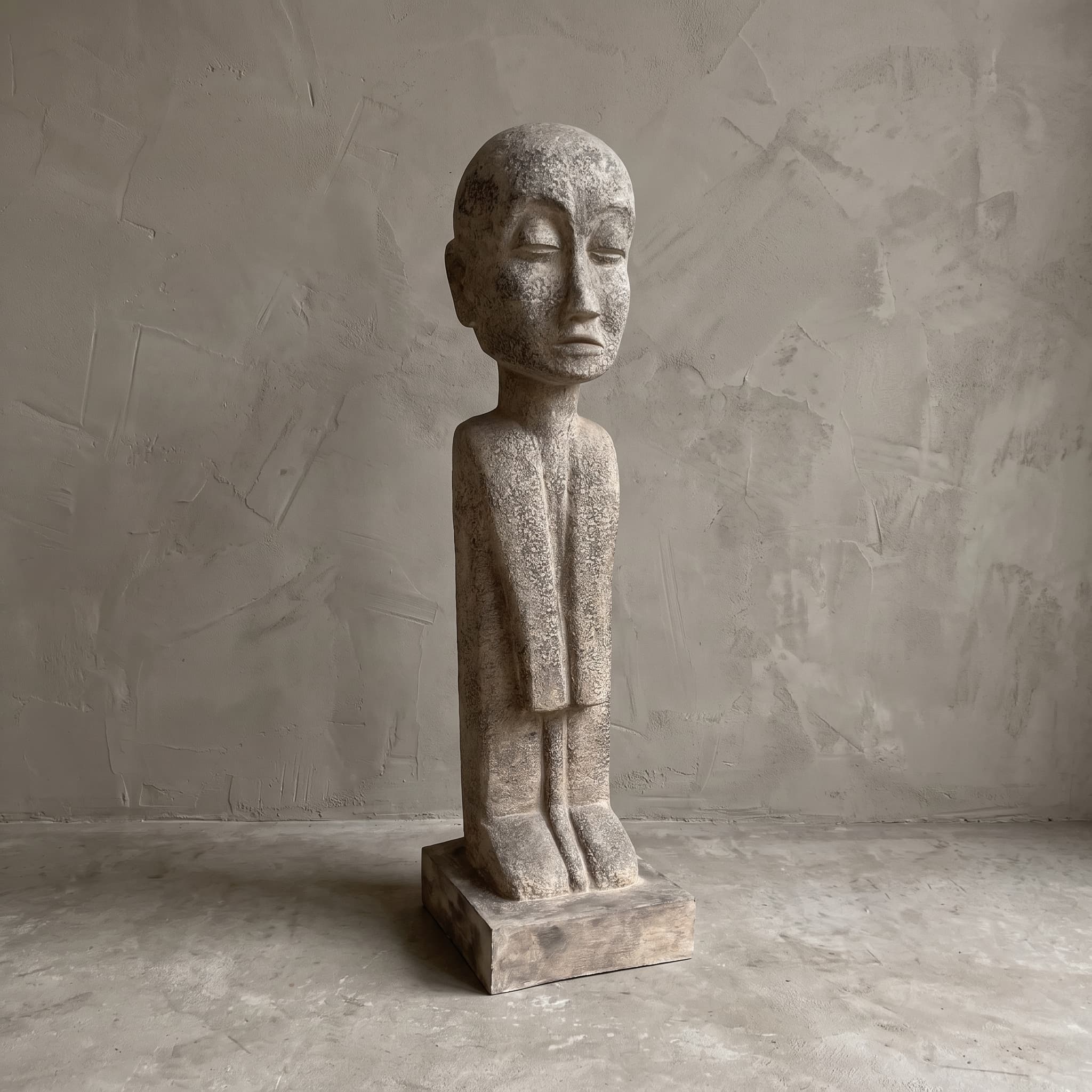 Beeld Konggo 2 van polystone, gevlekte grijze figuur met kaal rond hoofd en lange armen langs het lijf, op een vierkant blok