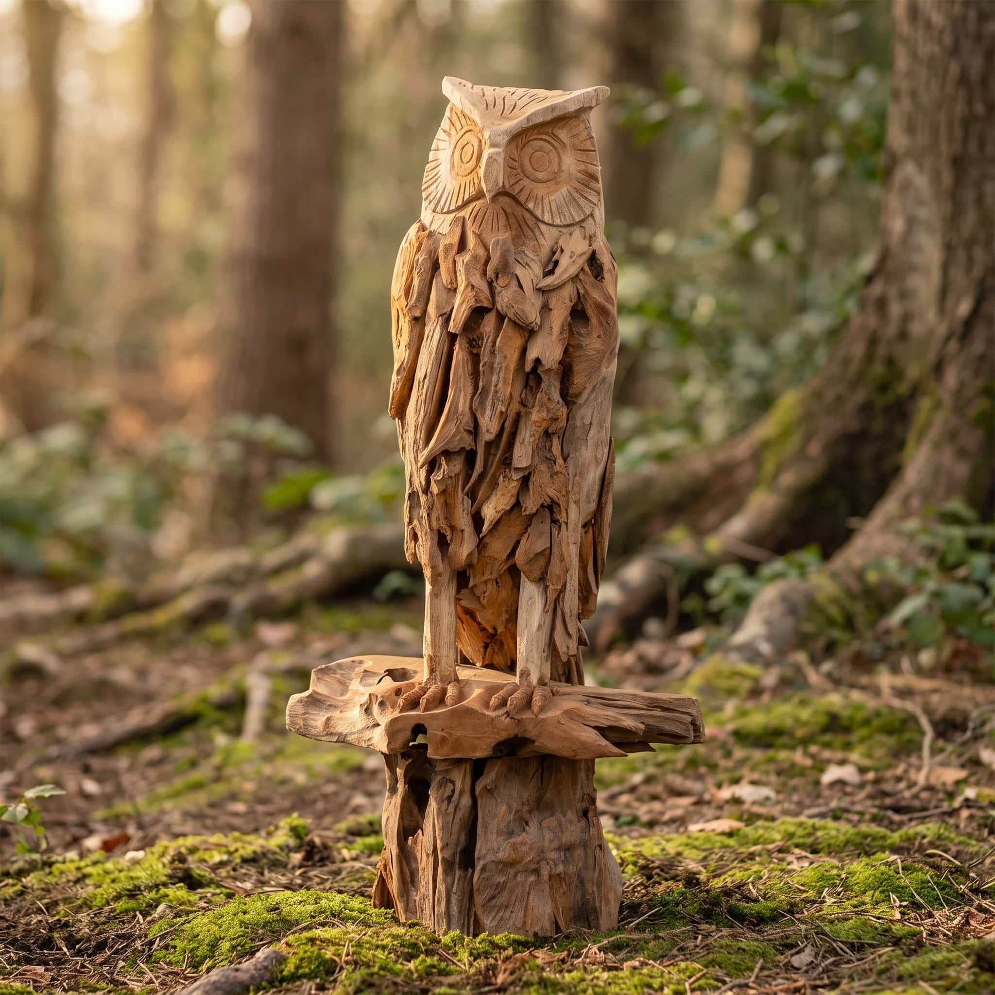 Uil van gerecycled teak, op wortels, vooraanzicht van de uil die met zijn klauwen een liggend stuk hout boven de voet omklemt