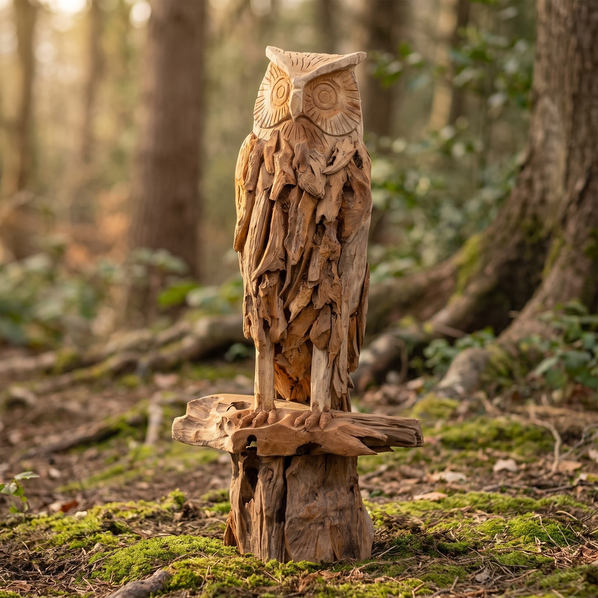 Uil van gerecycled teak, op wortels, vooraanzicht van de uil die met zijn klauwen een liggend stuk hout boven de voet omklemt