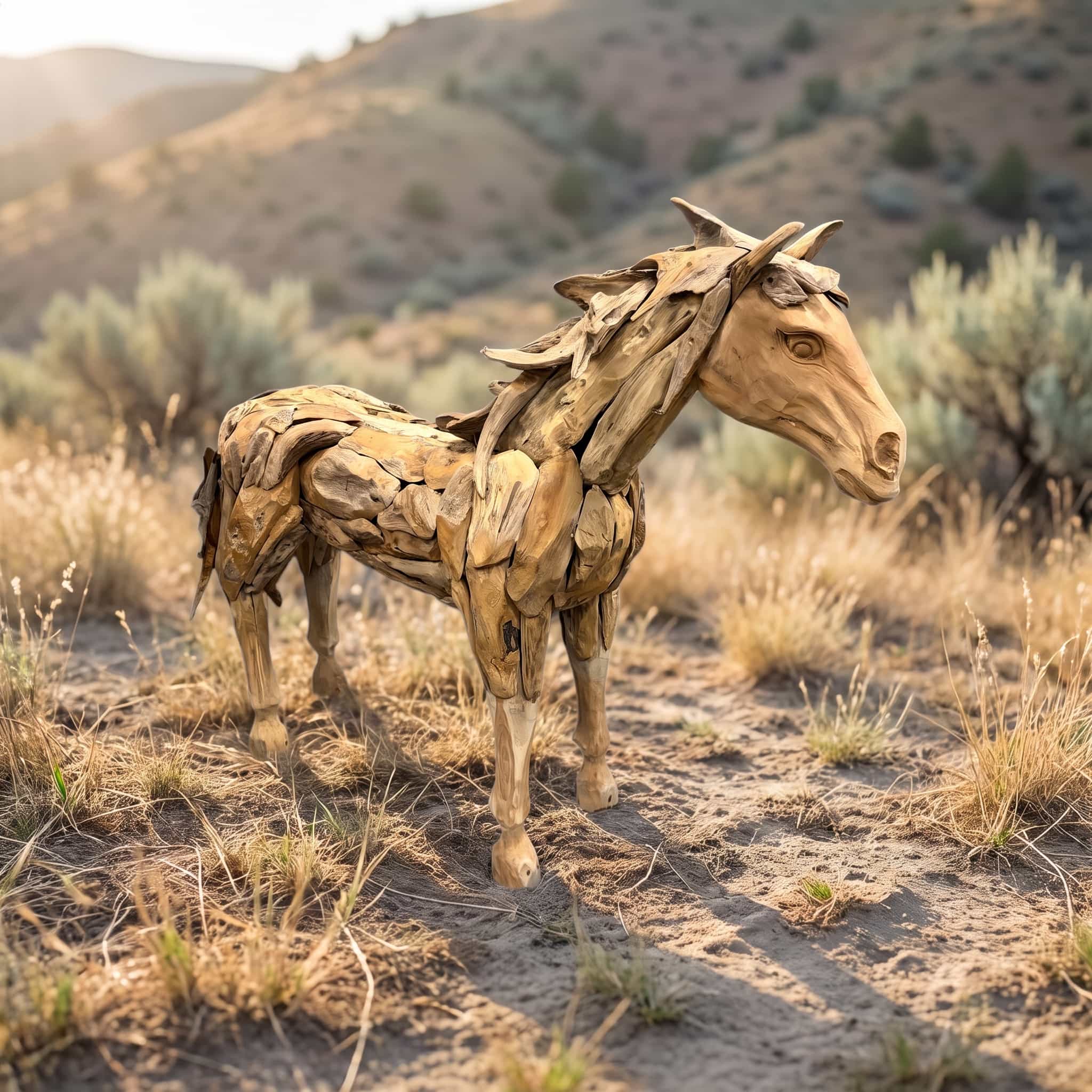 Paard van gerecycled teak, zijaanzicht van het staande paard met manen van lange, platte stukken hout
